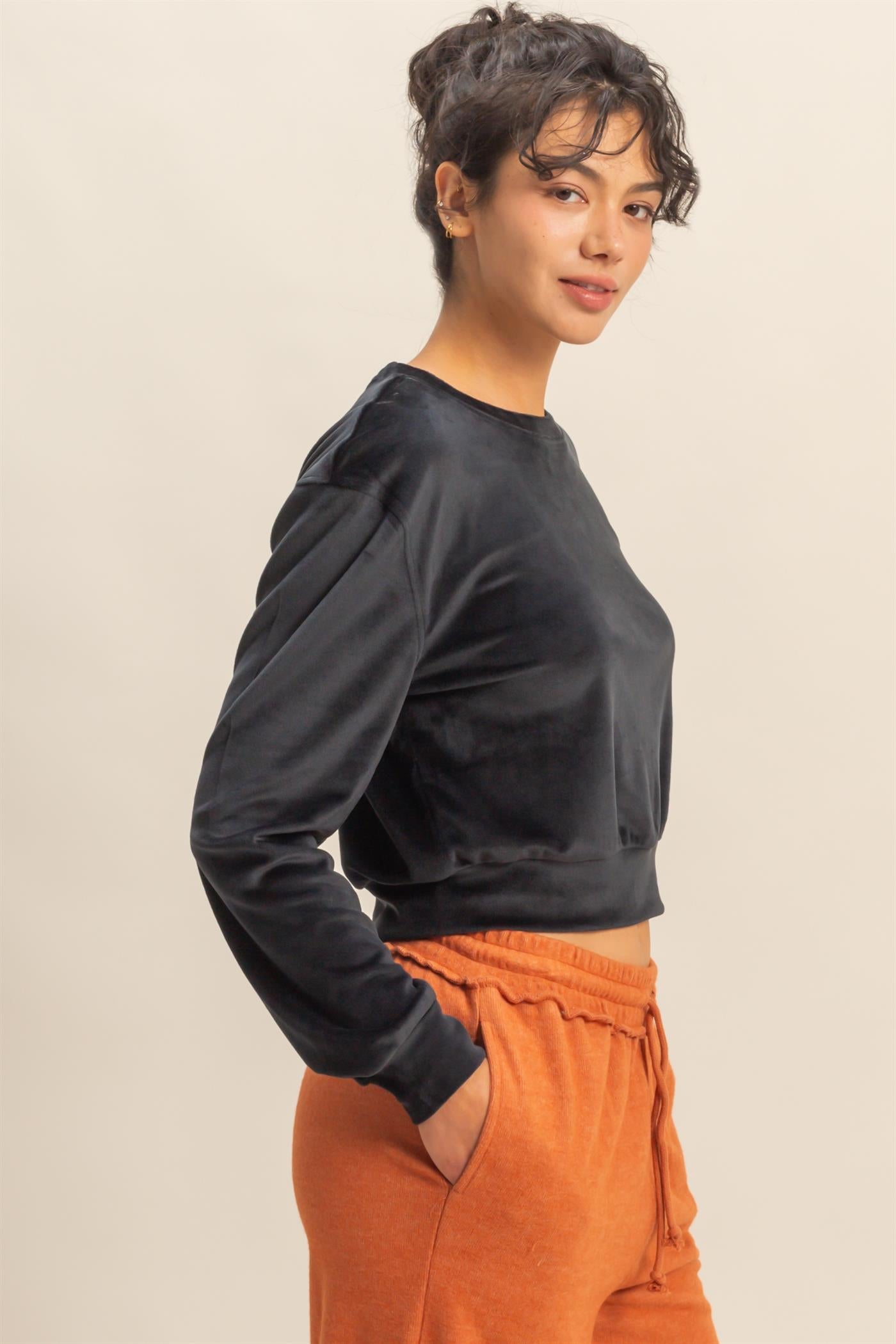 Wholesale Banded Waist Sweatshirt Clothing Tops DZ23A458 BLACK DOUBLE ZERO