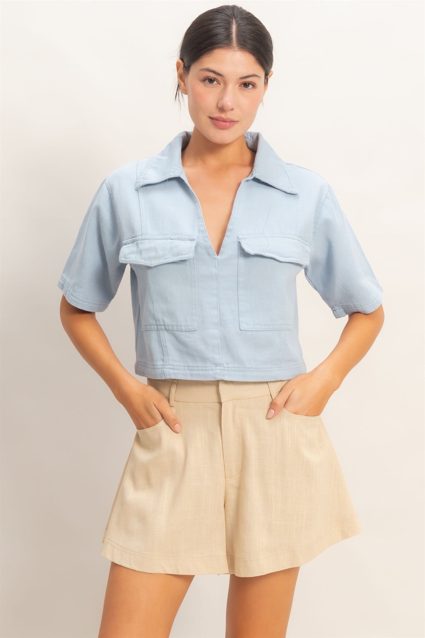 Wholesale Collared V-Neck Top Clothing Tops HF26E444 LIGHT BLUE HYFVE