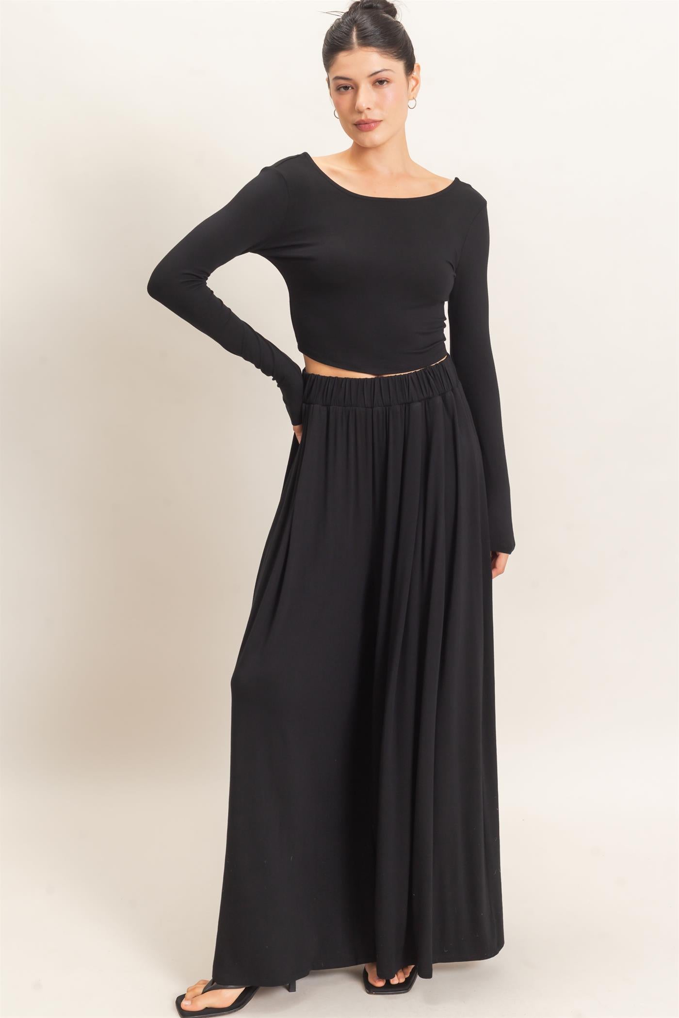 Wholesale Long Sleeve Top & Wide Leg Pants Set Clothing HF26F227-SET-D BLACK HYFVE