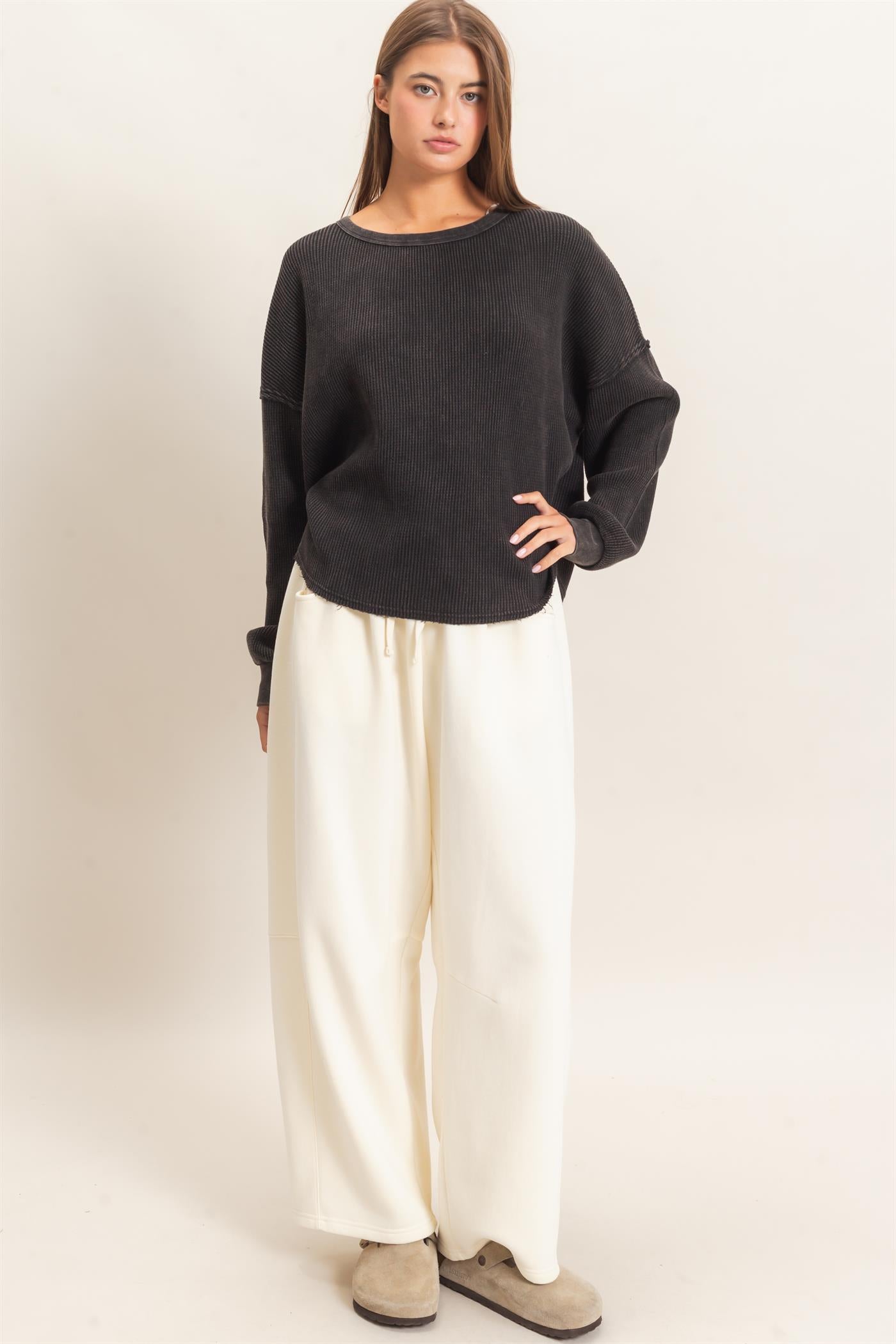 Wholesale Mineral Wash Waffle Oversized Top Clothing Tops DZ26E248 BLACK DOUBLE ZERO