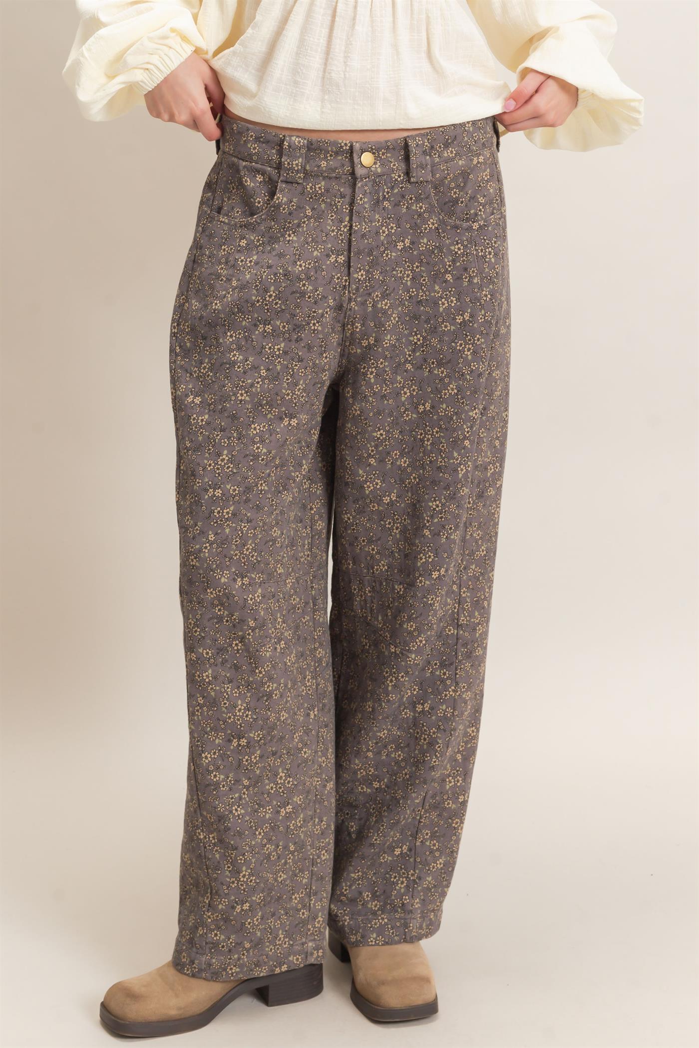 Wholesale Floral Print Garment Wash Barrel Pants Pants HF26C840 ASH HYFVE