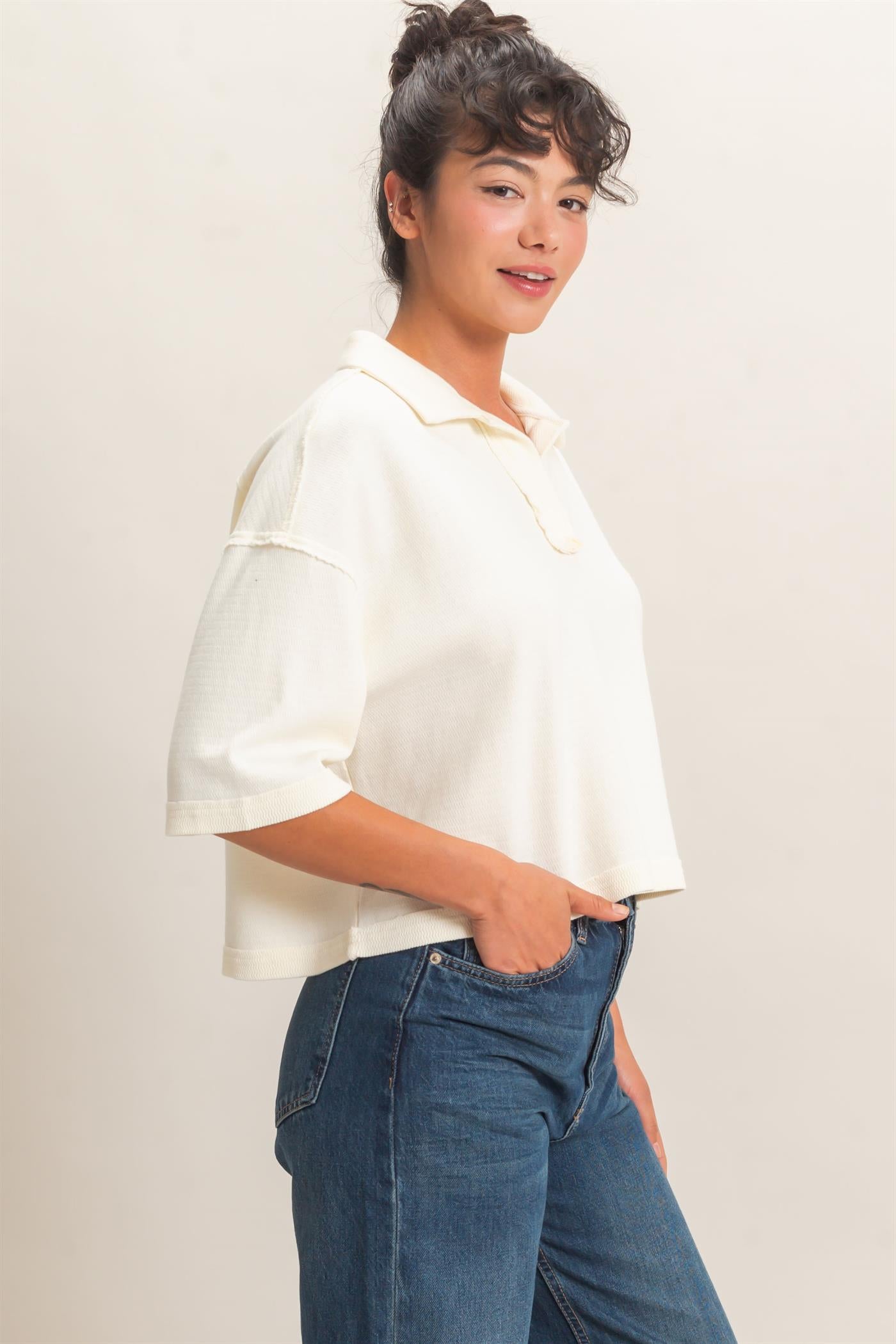 Wholesale Mineral Wash Oversized Collar Short Sleeve Top Clothing Tops DZ26E813 CREAM DOUBLE ZERO