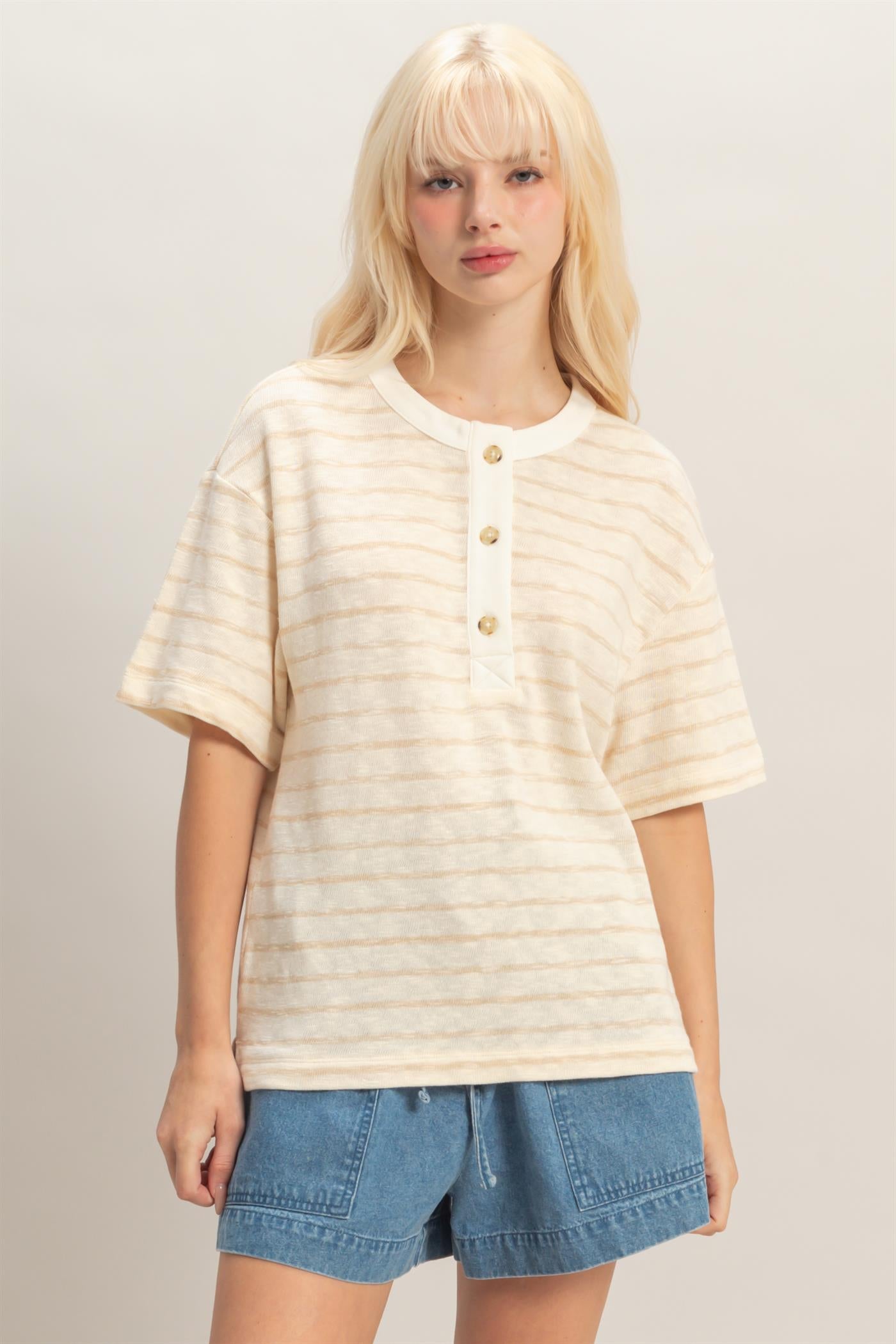 Wholesale Striped Short Sleeve Henley Top Clothing Tops DZ26A653 TAUPE DOUBLE ZERO
