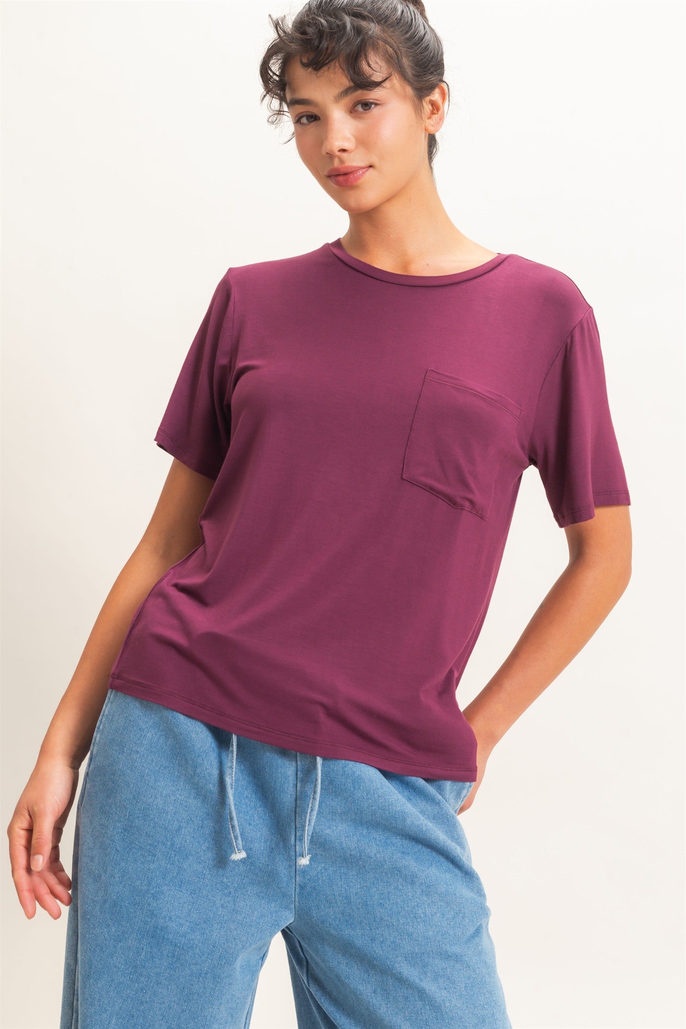 Wholesale Crew Neck Pocket Tee Clothing Tops DZ26E254 DARK CHERRY DOUBLE ZERO