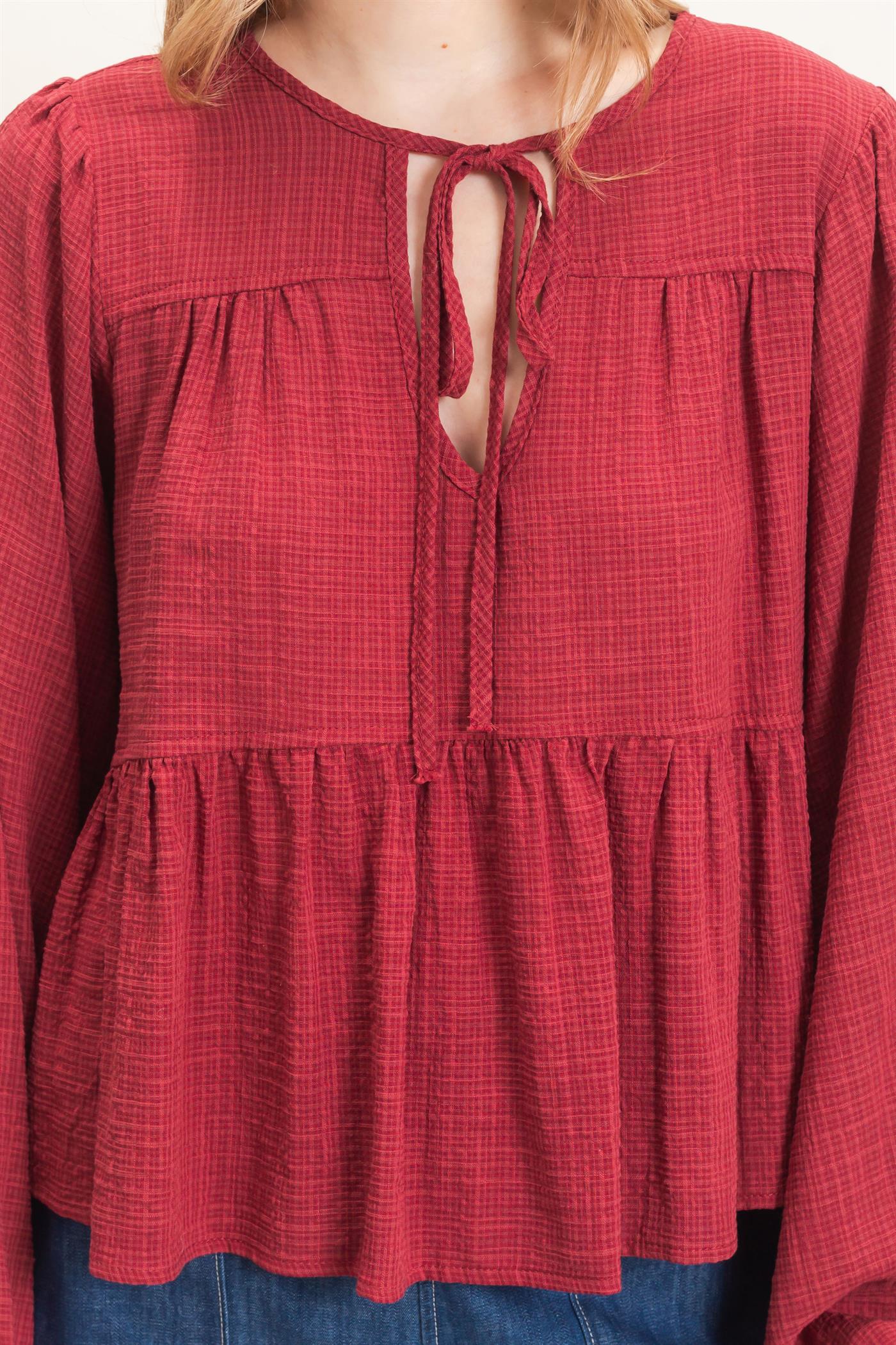 Wholesale Tie Front Peplum Blouse Blouses HF26F065 BURGUNDY HYFVE