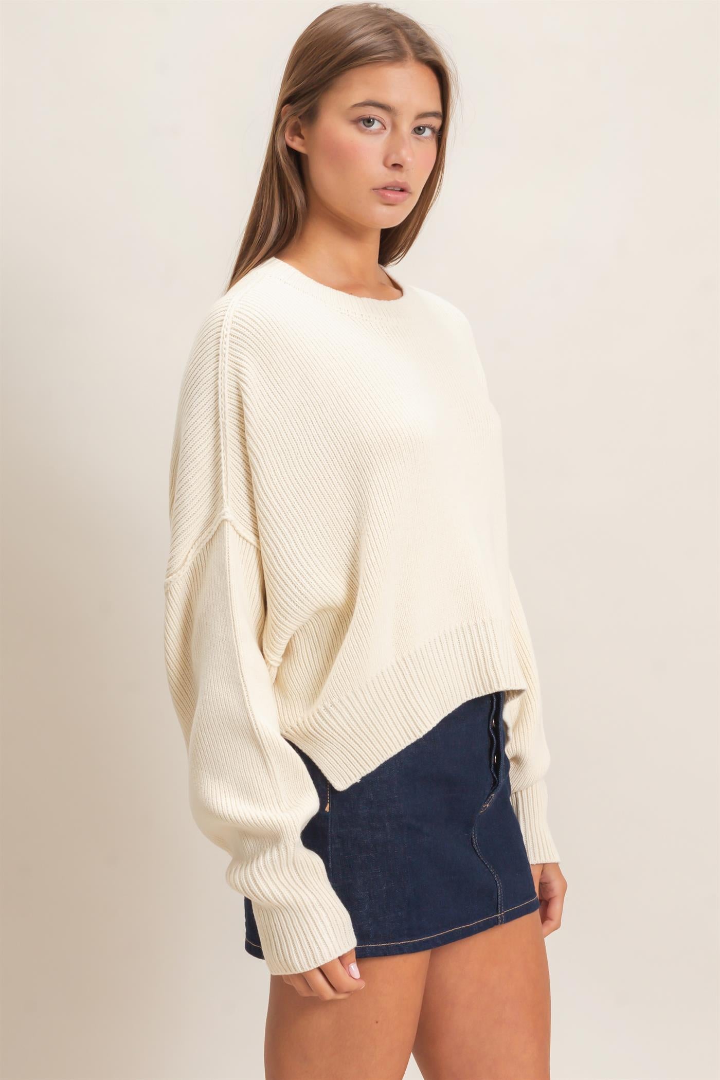 Wholesale Ribbed Drop Shoulder Sweater Sweaters DZ26C982 CREAM DOUBLE ZERO