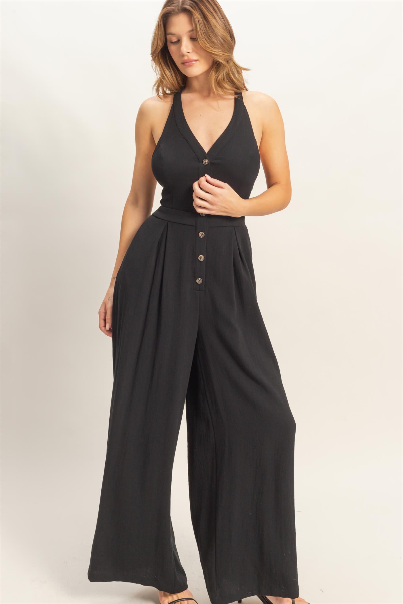 Wholesale Halter Button-Front Jumpsuit Clothing HF26A615-D BLACK HYFVE