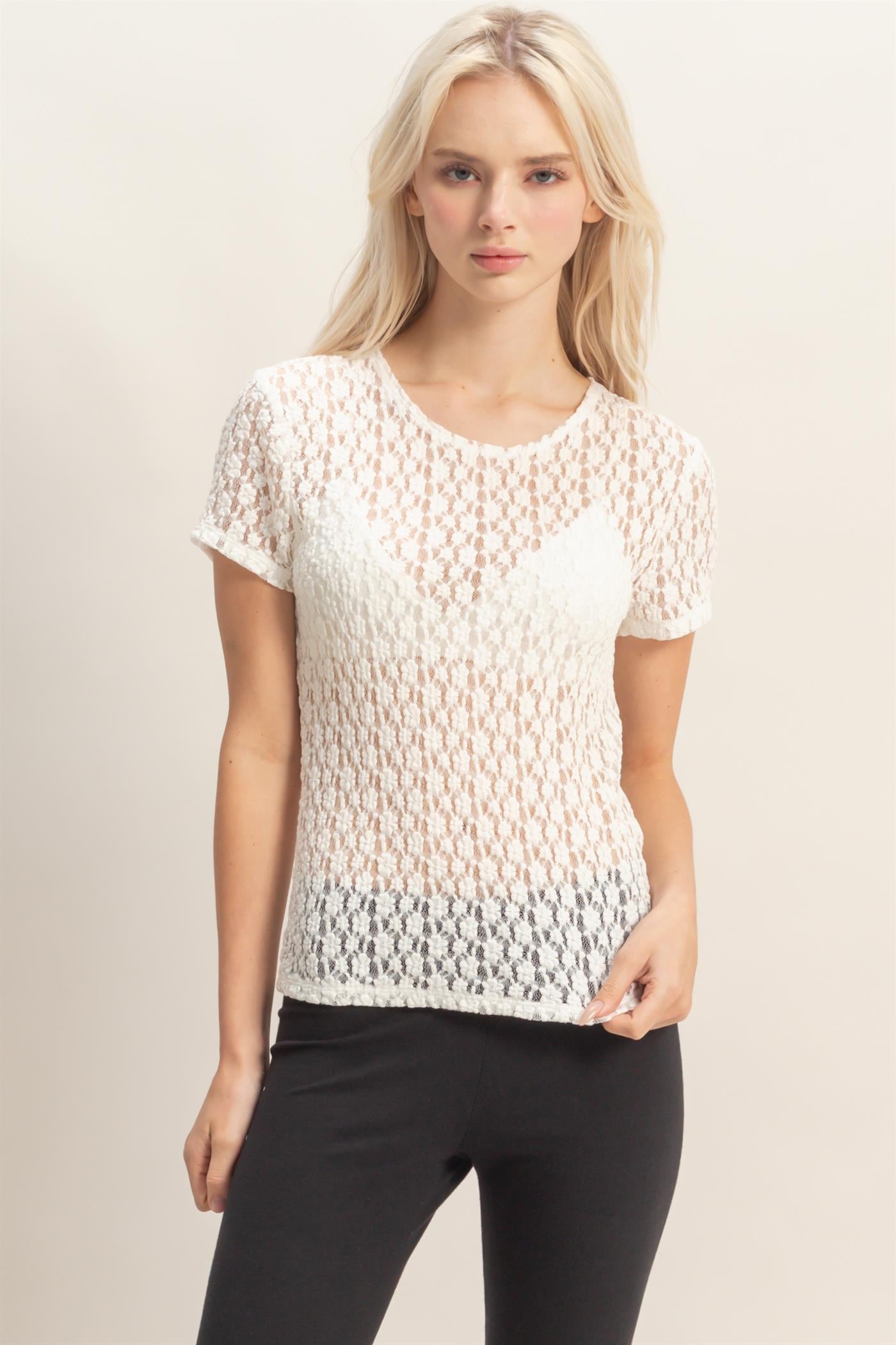 Wholesale Textured Lace Short Sleeve Top Clothing Tops DZ26C394 CREAM DOUBLE ZERO