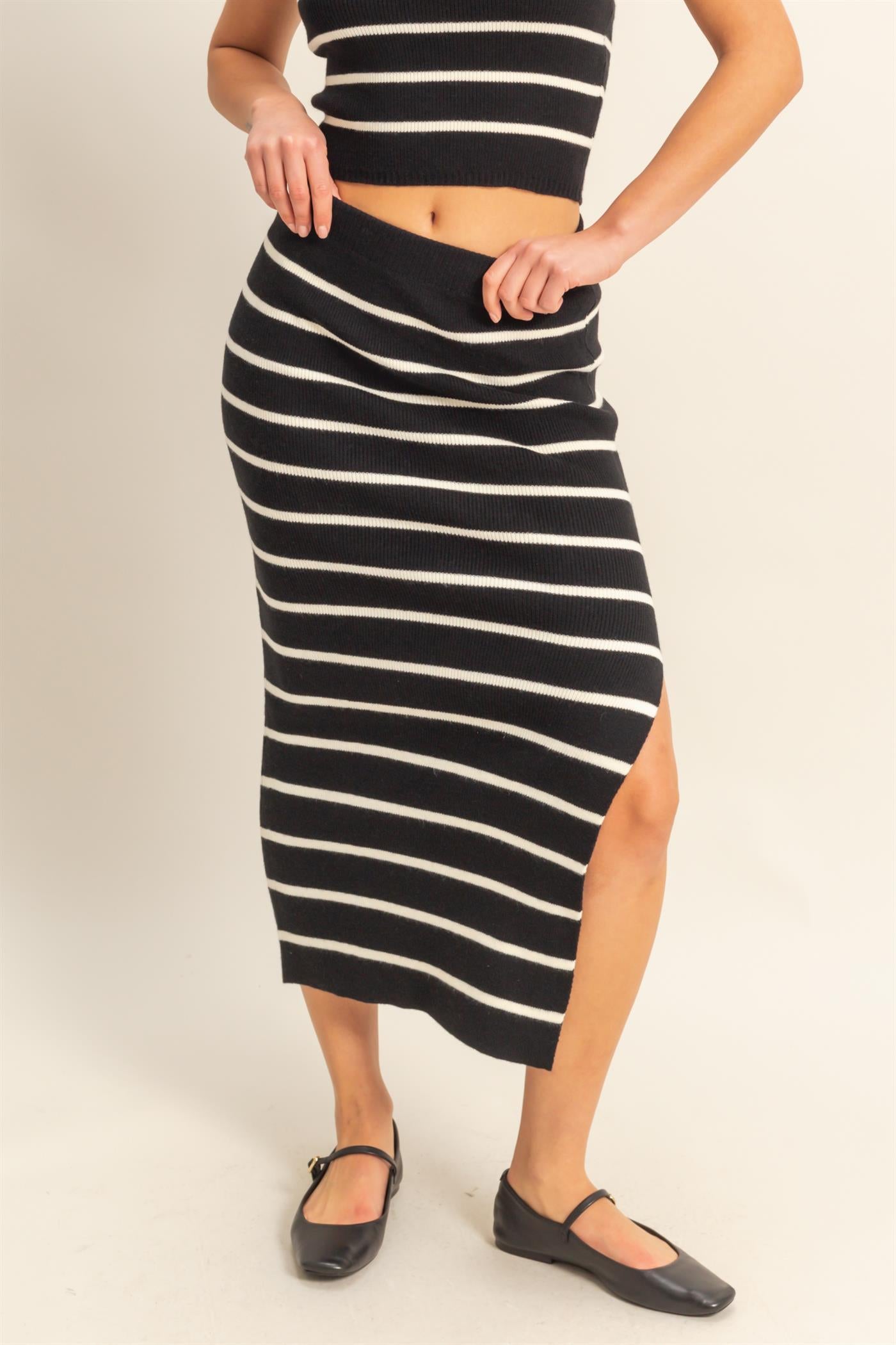 Wholesale Striped High Waist Bodycon Sweater Skirt Skirts DZ25A637 CREAM/BLACK DOUBLE ZERO