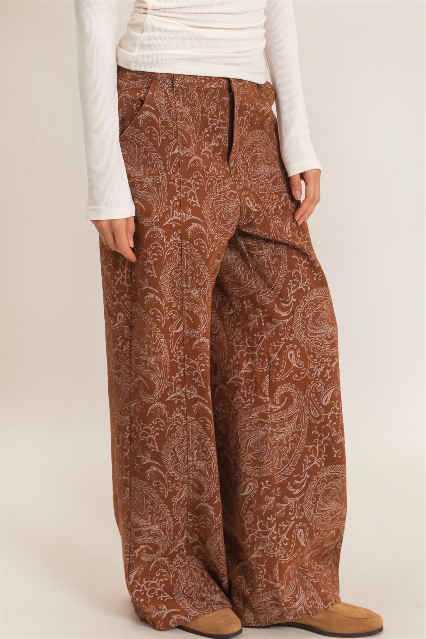 Wholesale Paisley Print Wide-Leg Pants Pants HF26F024 CHESTNUT HYFVE