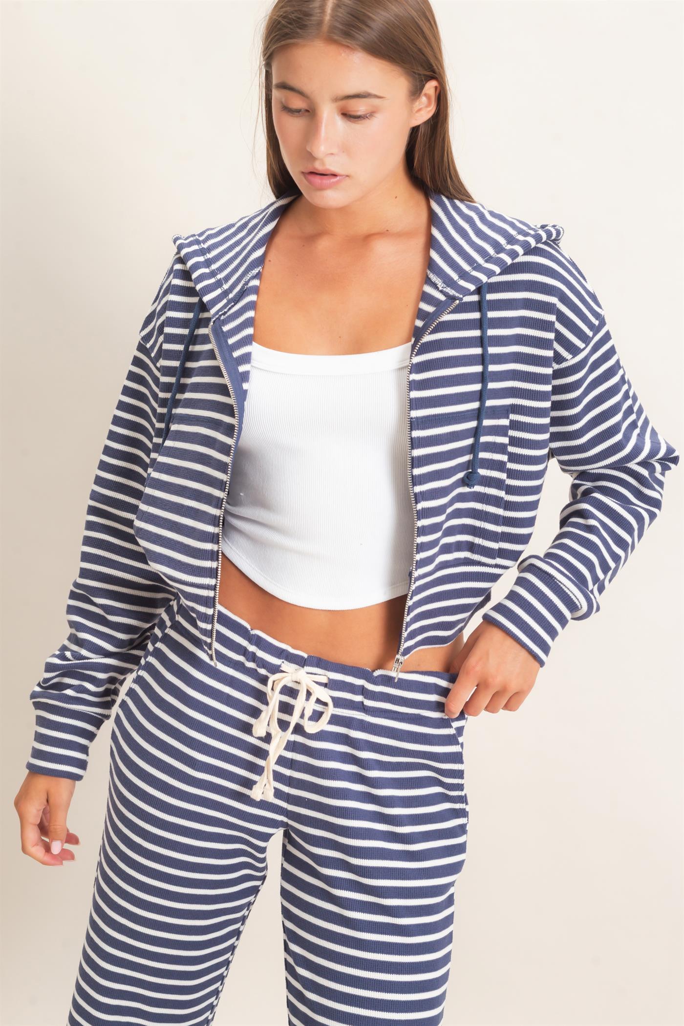 Wholesale Striped Zip-Up Hoodie Hoodies DZ26E433 NAVY DOUBLE ZERO