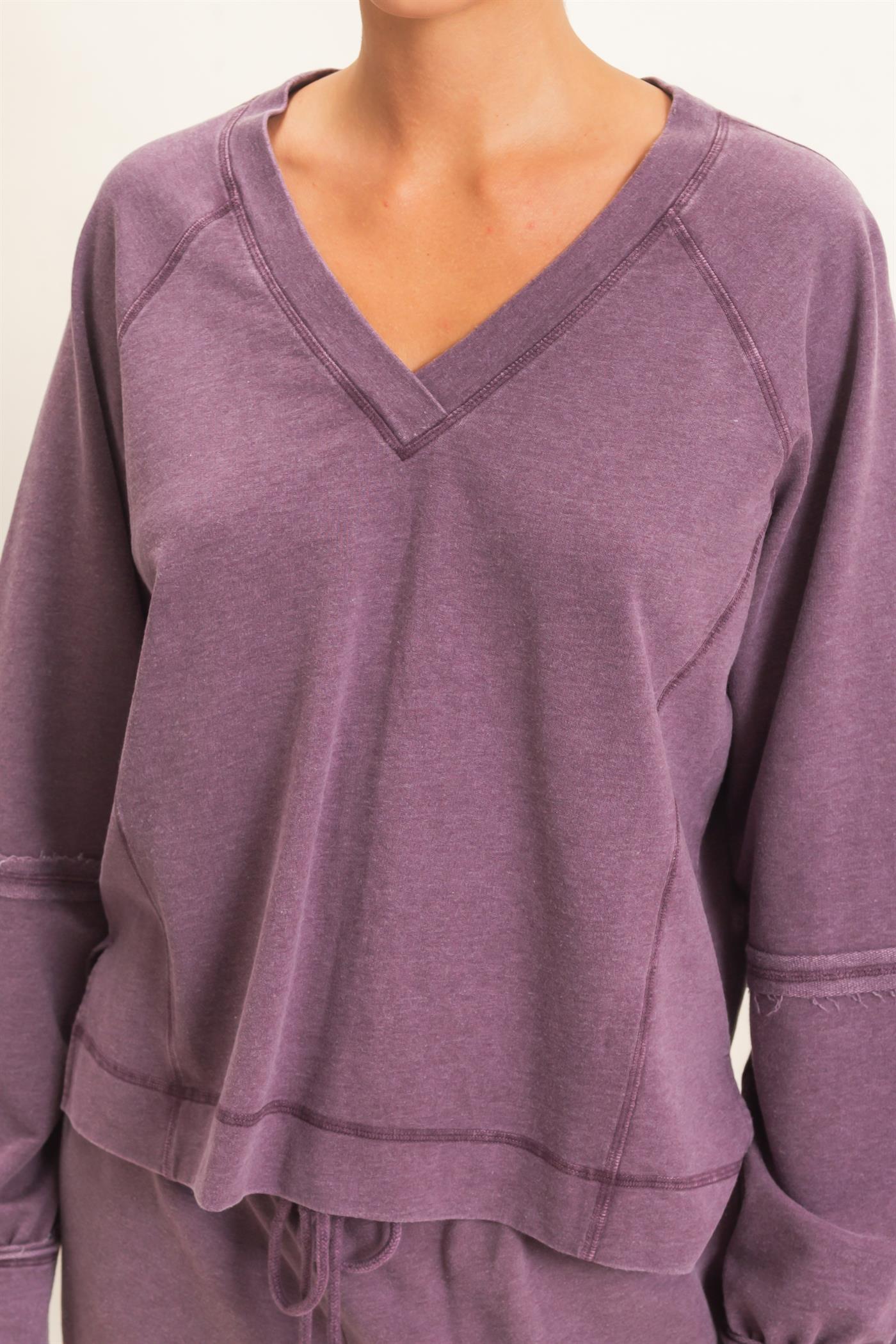 Wholesale Mineral Wash V-Neck Seam Detail Sweatshirt Sweatshirts DZ26F014 DARK CHERRY DOUBLE ZERO