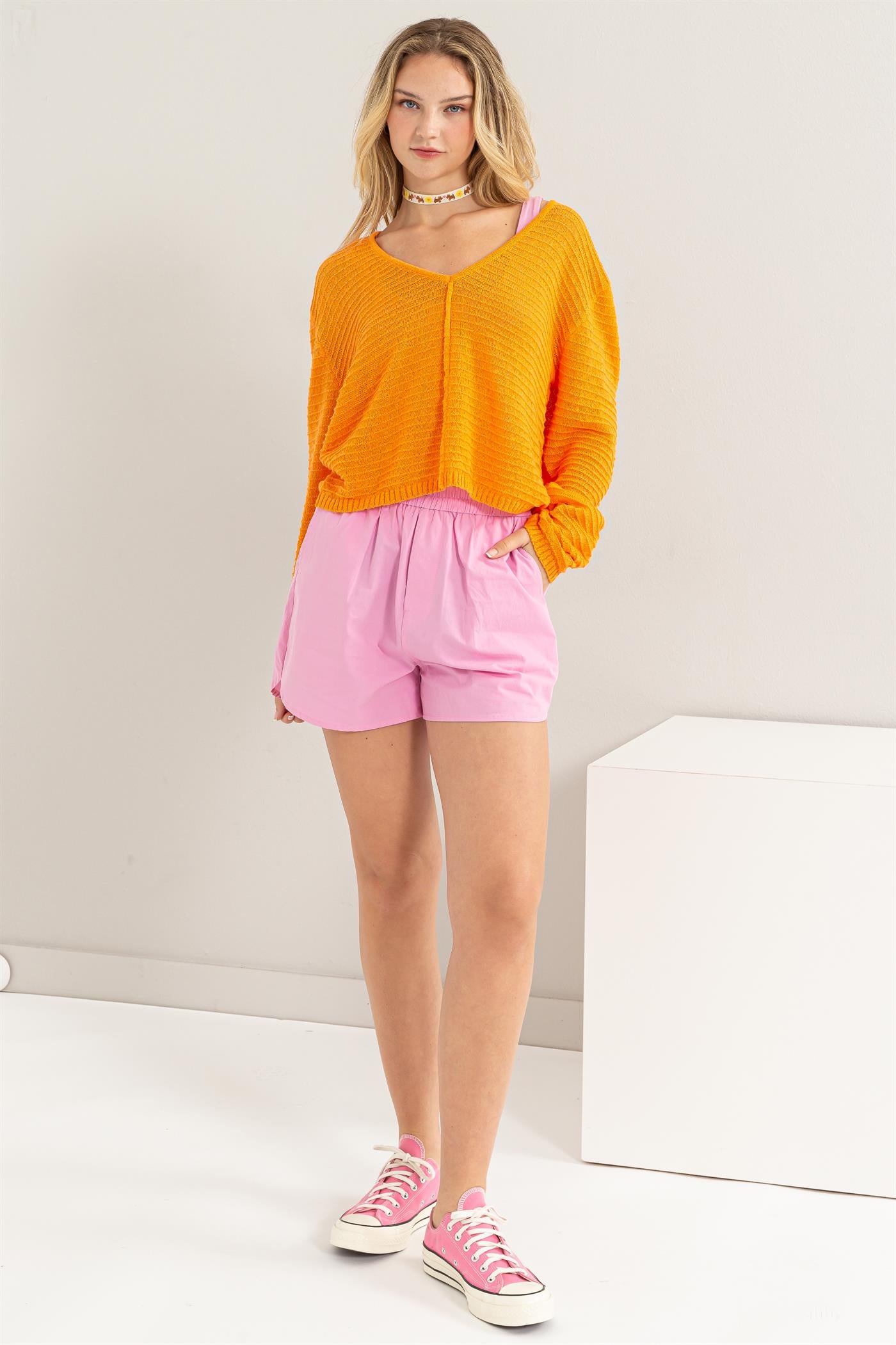 Wholesale V Neck Dropped Shoulder Sweater Clothing Tops DZ24A559 ORANGE DOUBLE ZERO