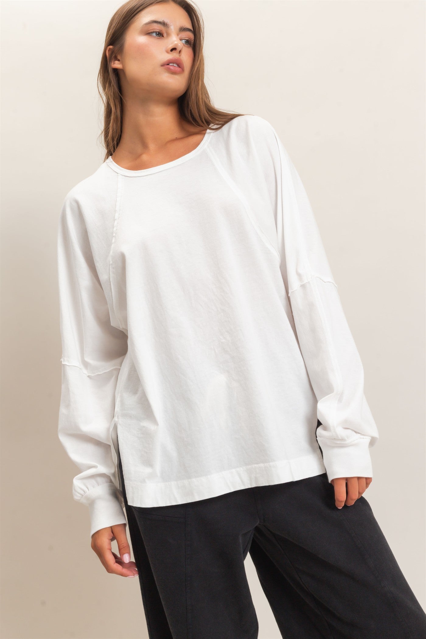 Wholesale Raglan Sleeve Snow Wash Top Shirts DZ26E945 WHITE DOUBLE ZERO