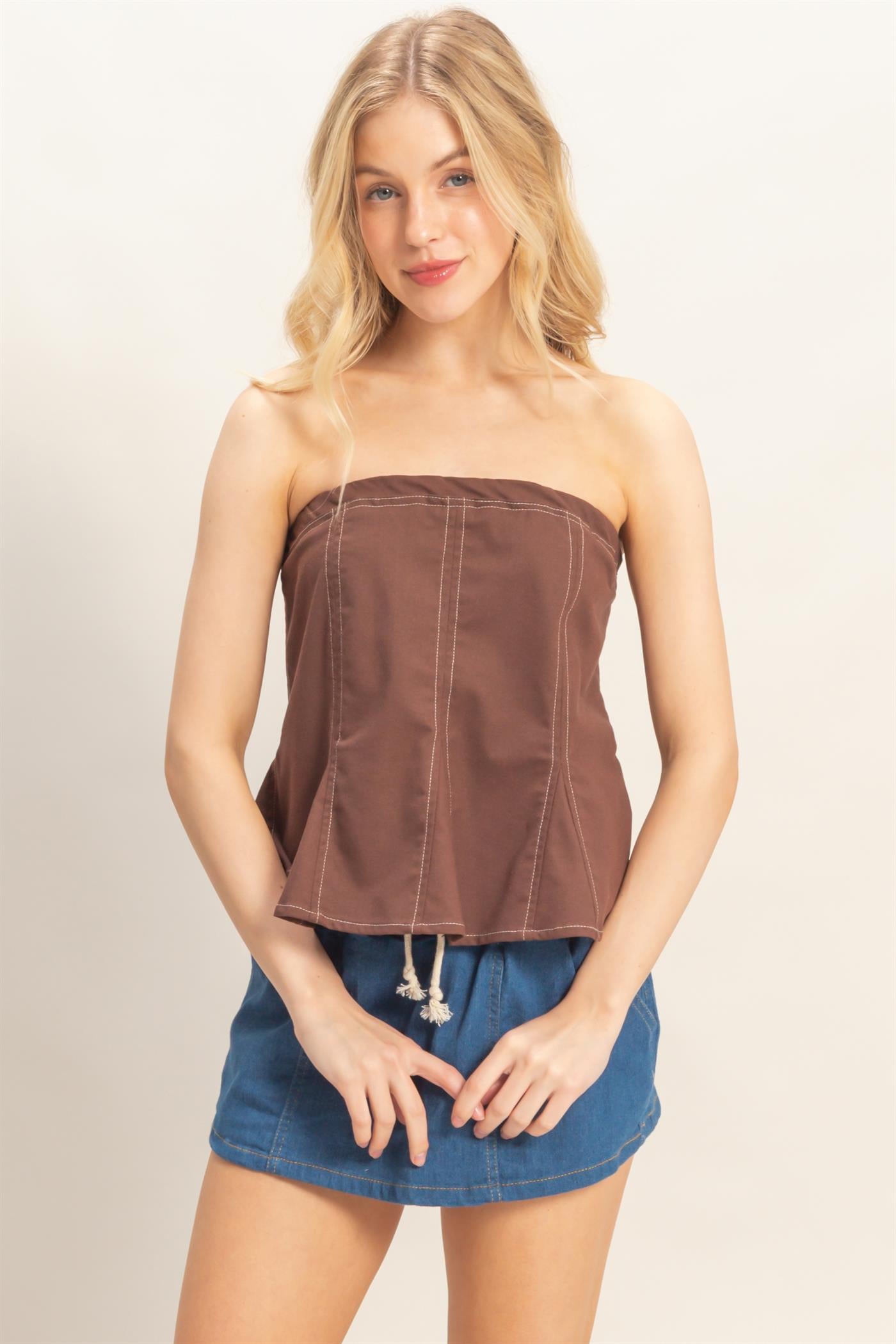 Wholesale Peplum Tube Top Clothing Tops HF26C401 DARK CHOCOLATE HYFVE