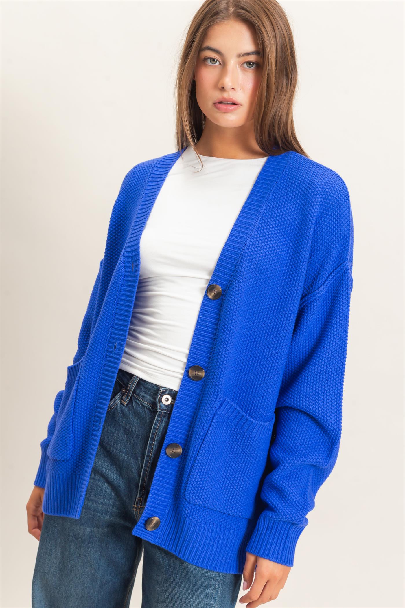 Wholesale Textured Oversized Knit Buttoned Cardigan Cardigans DZ26C971 COBALT DOUBLE ZERO