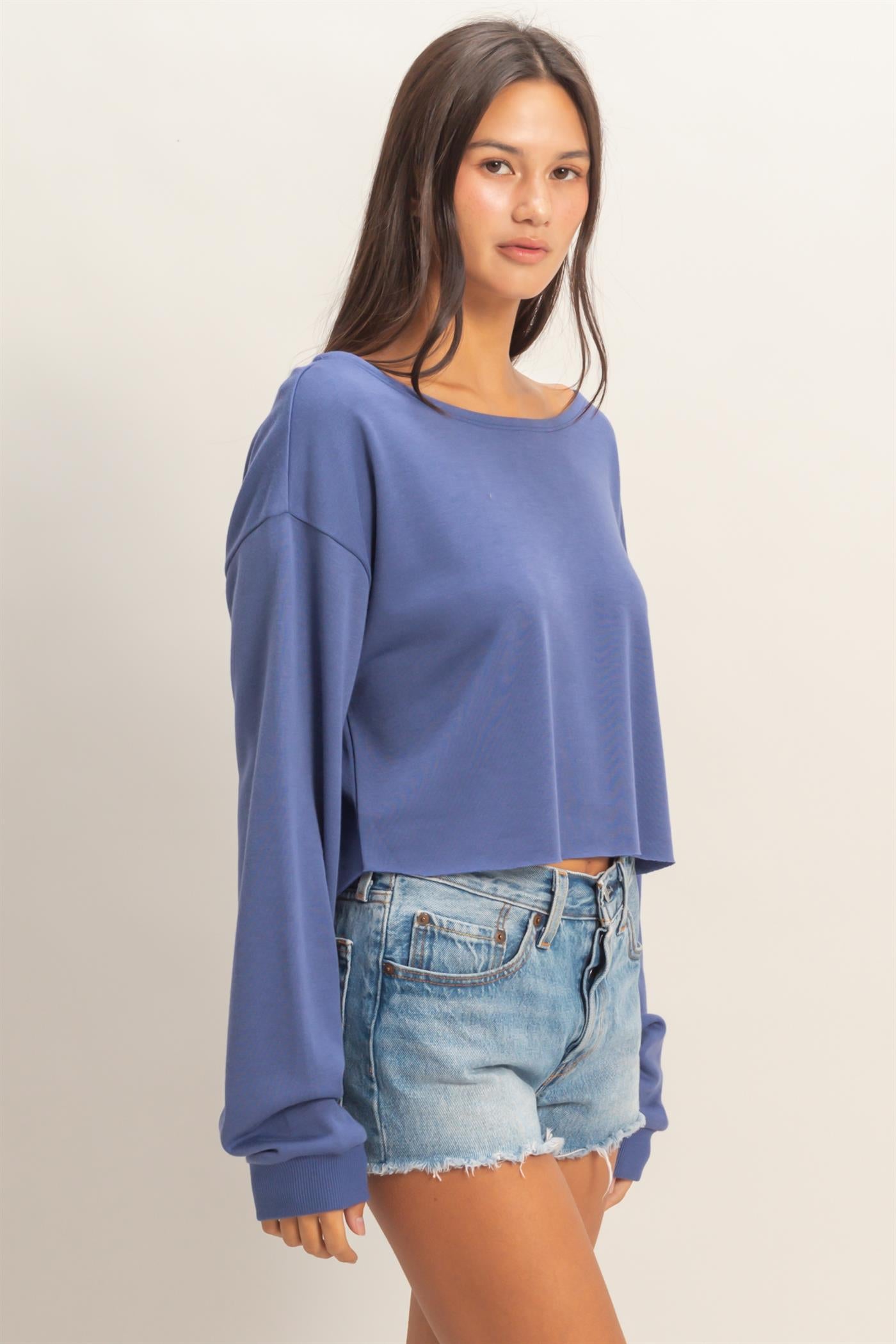 Wholesale Casually Cute Boat Neck Long Sleeve Top Clothing Tops DZ25C023 DUSTY INDIGO DOUBLE ZERO