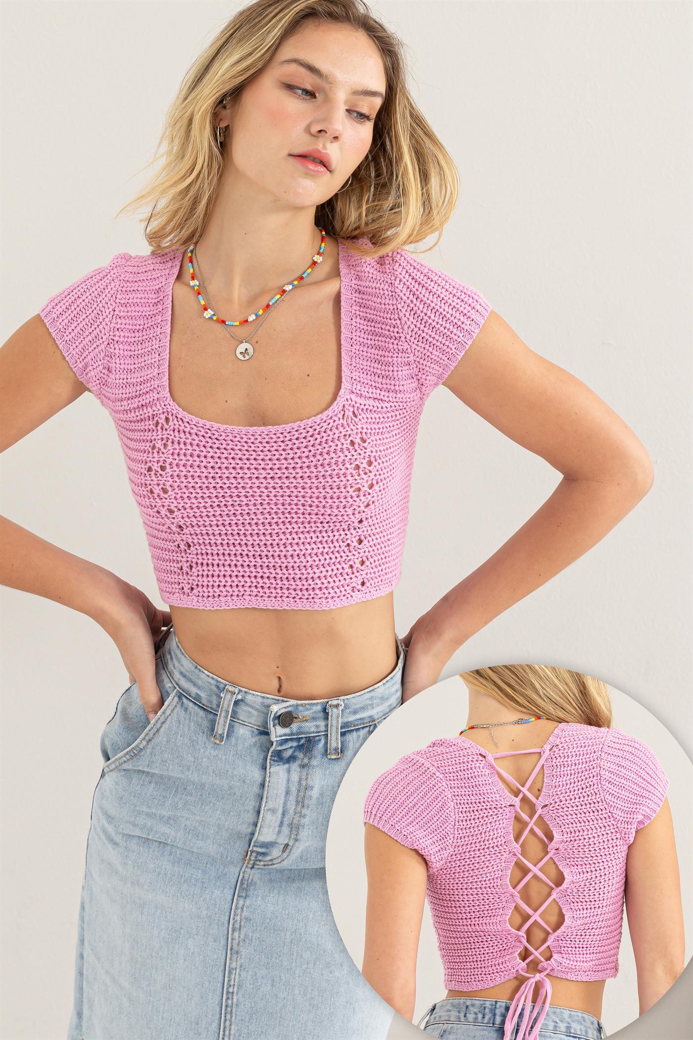 Wholesale Square Neck Cap Sleeve Top Clothing Tops DZ24A868 PINK DOUBLE ZERO
