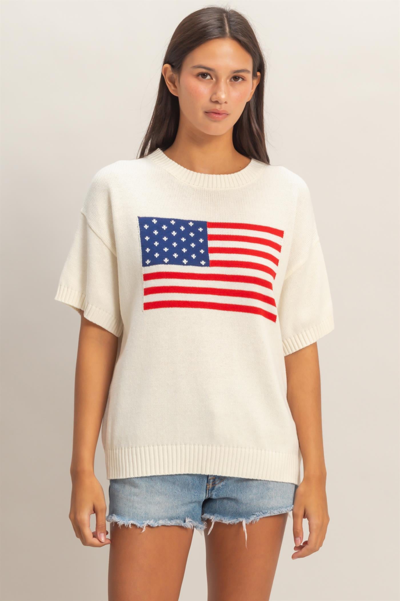Wholesale American Flag Knit Top Shirts DZ26A309 CREAM DOUBLE ZERO