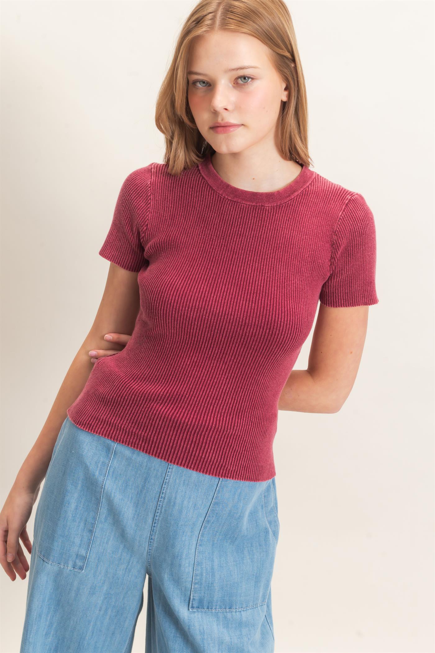 Wholesale Ribbed Crew Neck Top Clothing Tops HF26E473 DECO ROSE HYFVE