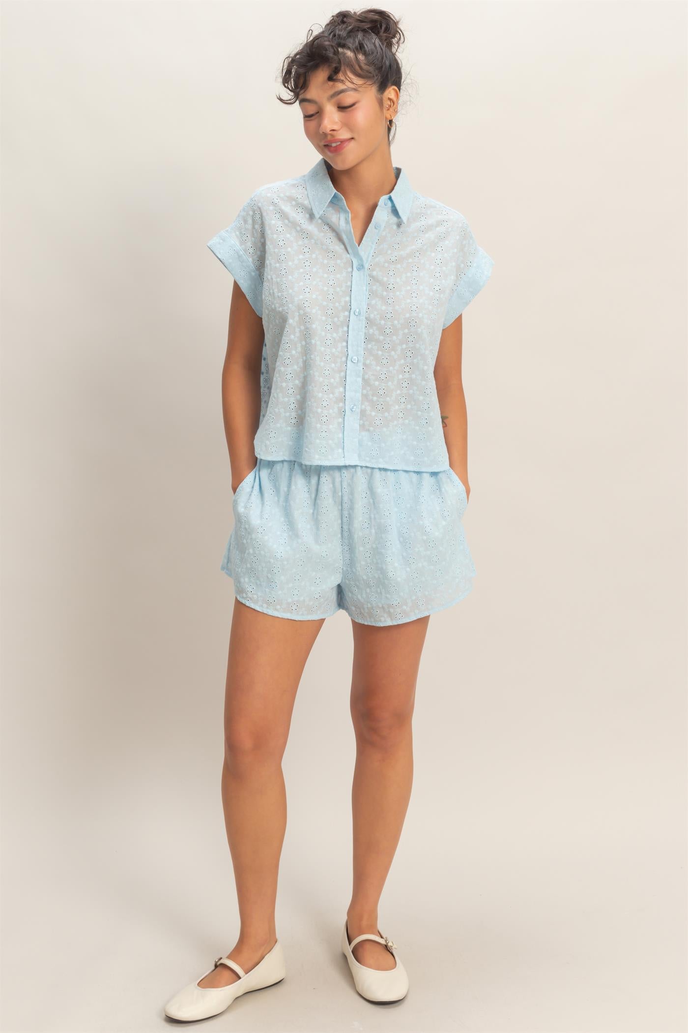Wholesale Eyelet Dolman Short Sleeve Button Up Shirt Clothing Tops DZ26C088 ICE BLUE DOUBLE ZERO