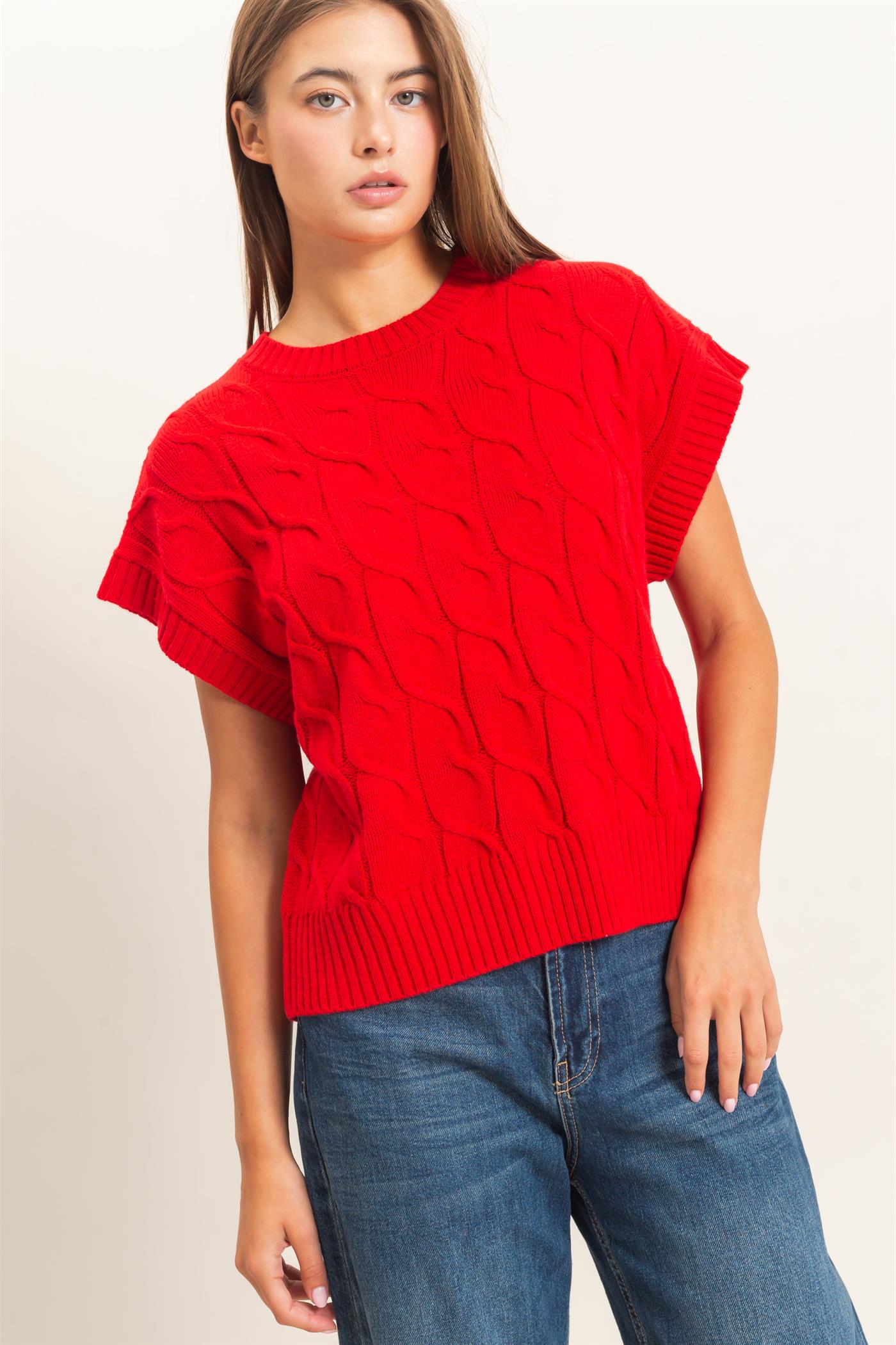 Wholesale Cable Knit Cap Sleeve Sweater Sweaters DZ26C974 RED DOUBLE ZERO