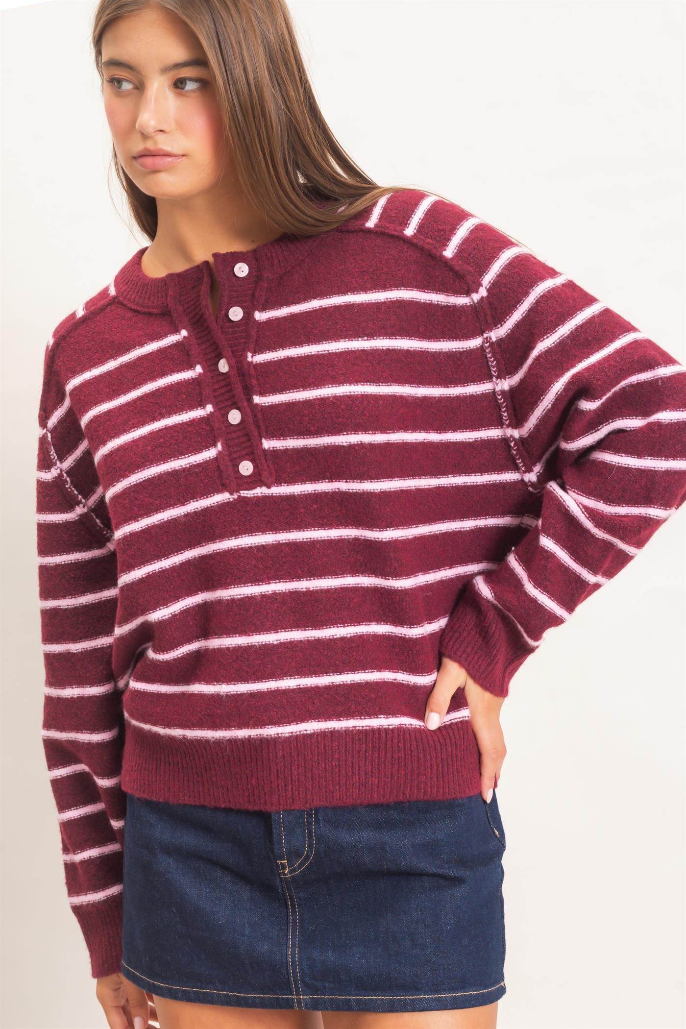 Wholesale Stripe Henley Sweater Sweaters DZ26F002 DARK CHERRY DOUBLE ZERO