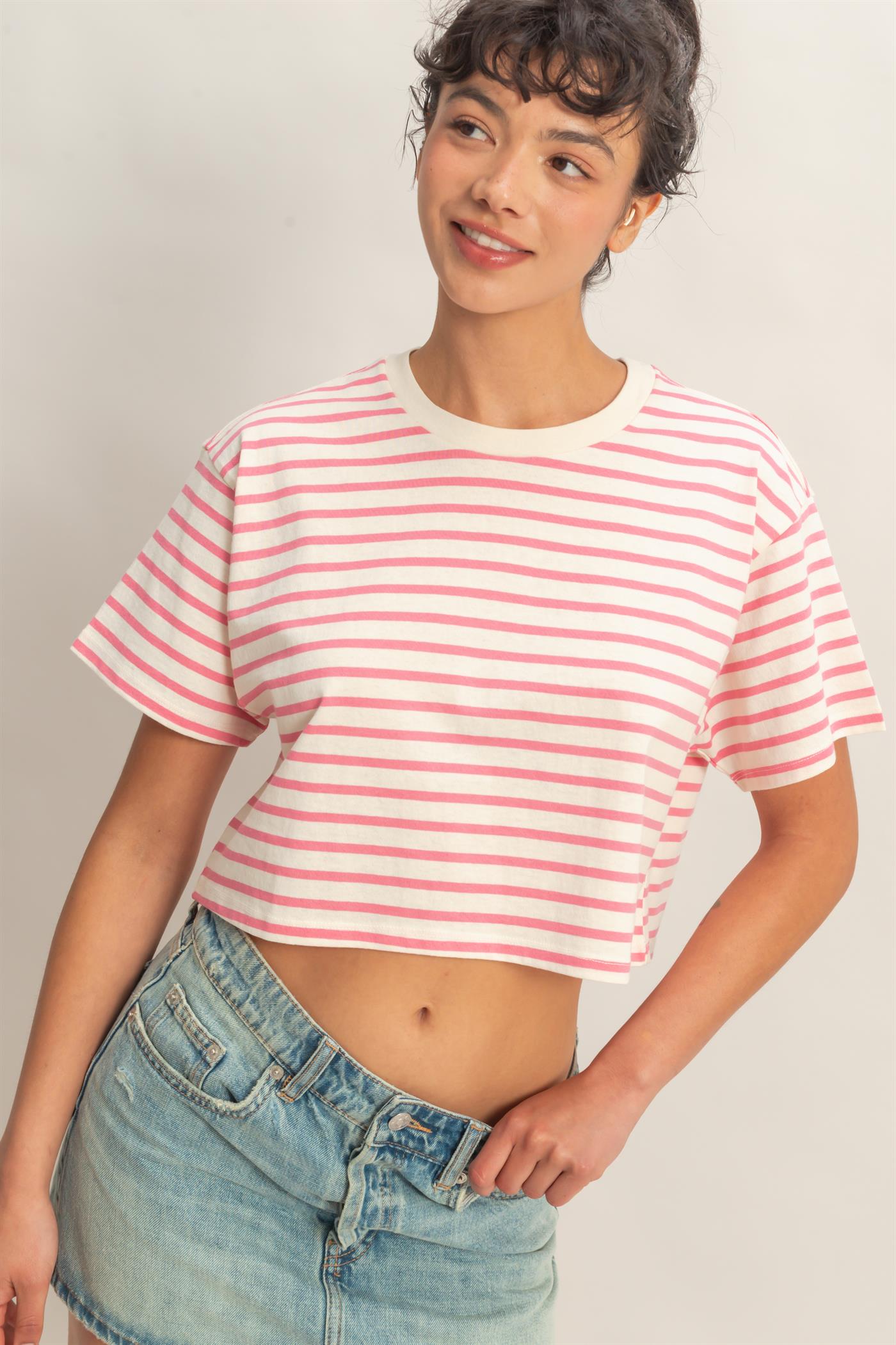 Wholesale Striped Oversized Short Sleeve Cropped Tee Clothing Tops DZ26C023 PINK DOUBLE ZERO