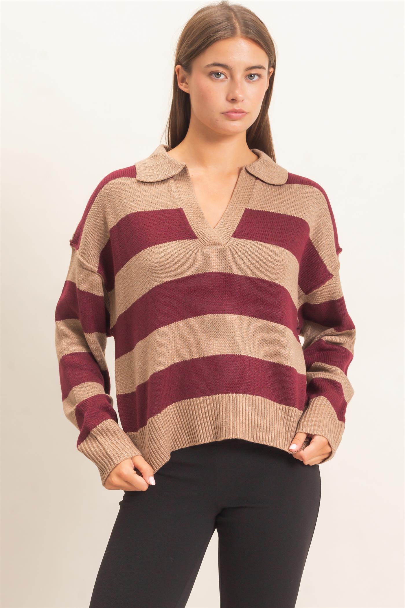 Wholesale Rugby Stripe Polo Sweater Sweaters DZ26E297 BURGUNDY DOUBLE ZERO