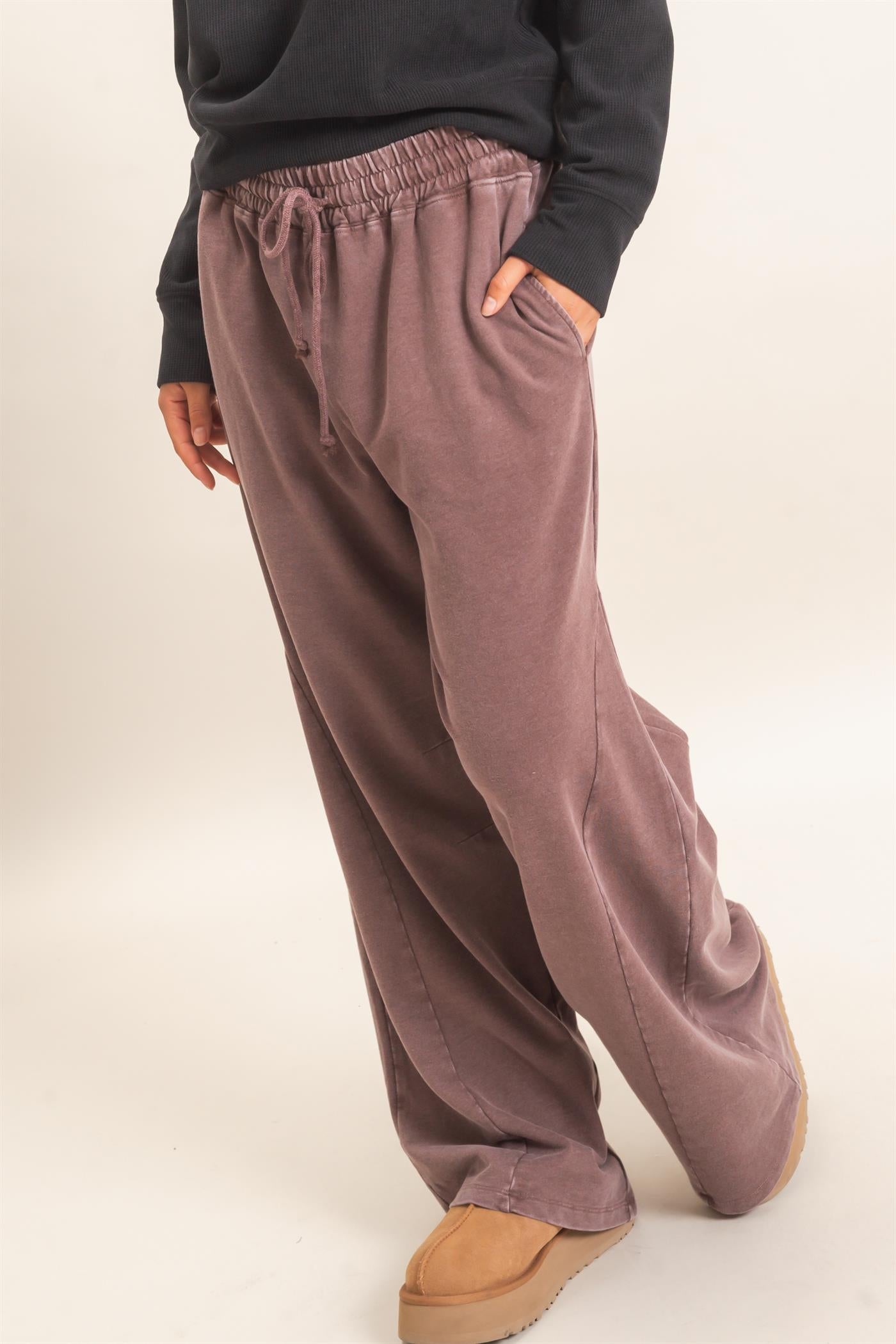Wholesale Mineral Washed Wide Leg Pants Pants DZ26F082 DARK BROWN DOUBLE ZERO