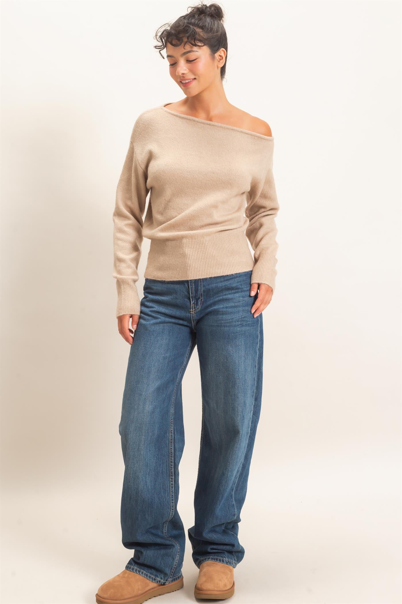Wholesale Off The Shoulder Sweater Top Sweaters DZ26F290 TAUPE DOUBLE ZERO