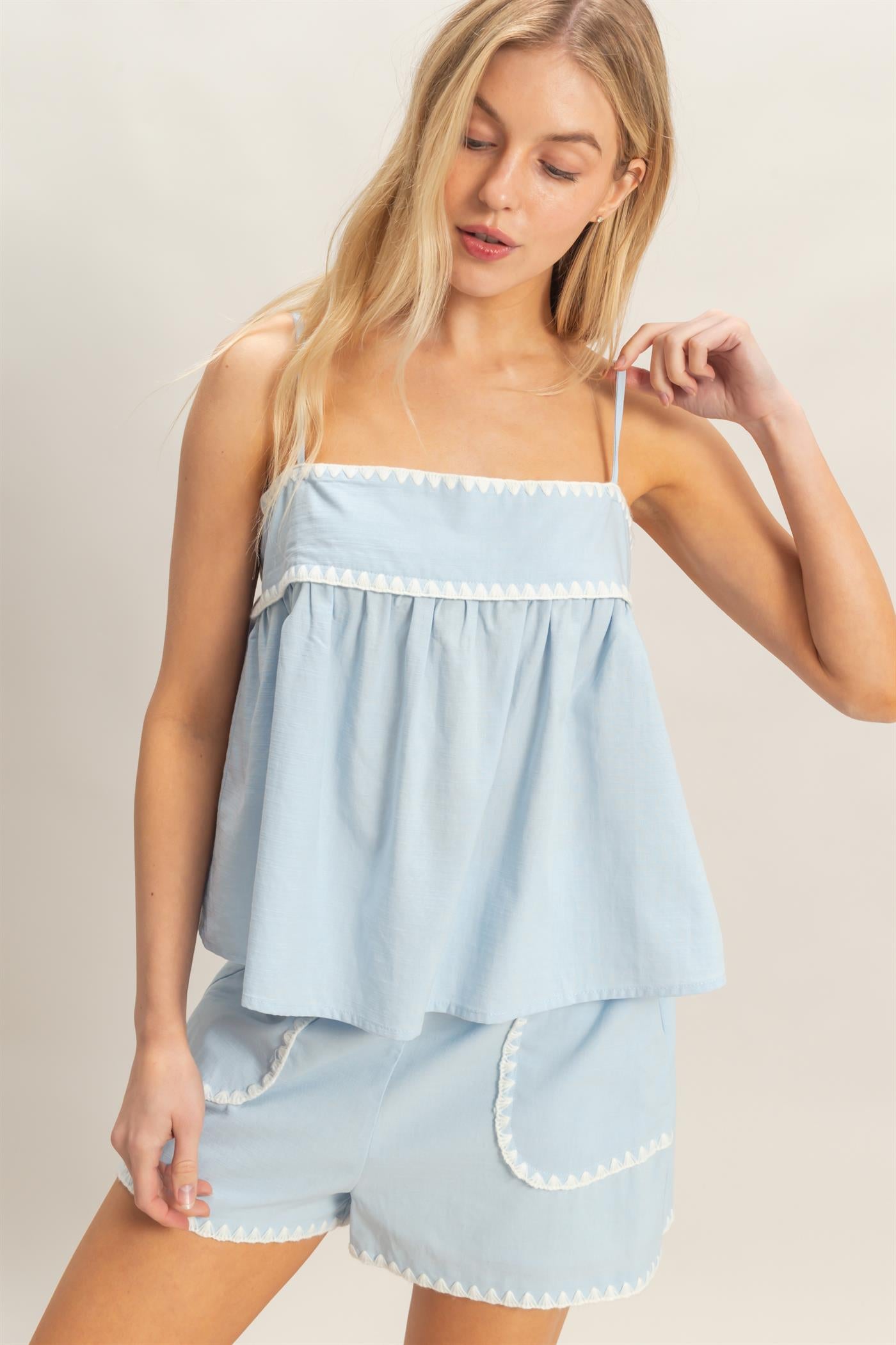 Wholesale Sleeveless Babydoll Top Blouses HF26A485 L.BLUE HYFVE