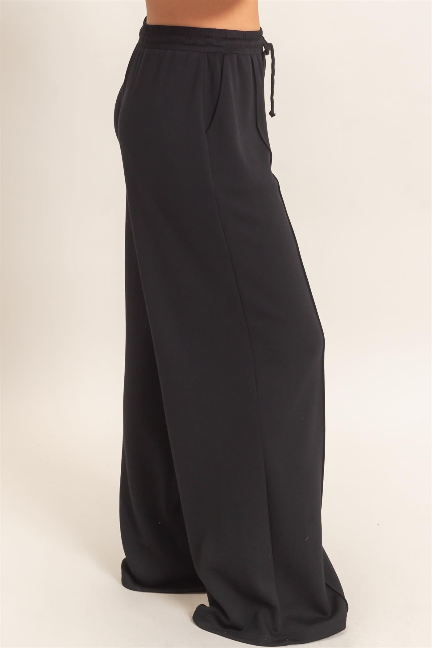 Wholesale Drawstring Waist Pintuck Wide Leg Pants Pants DZ26E384 BLACK HYFVE