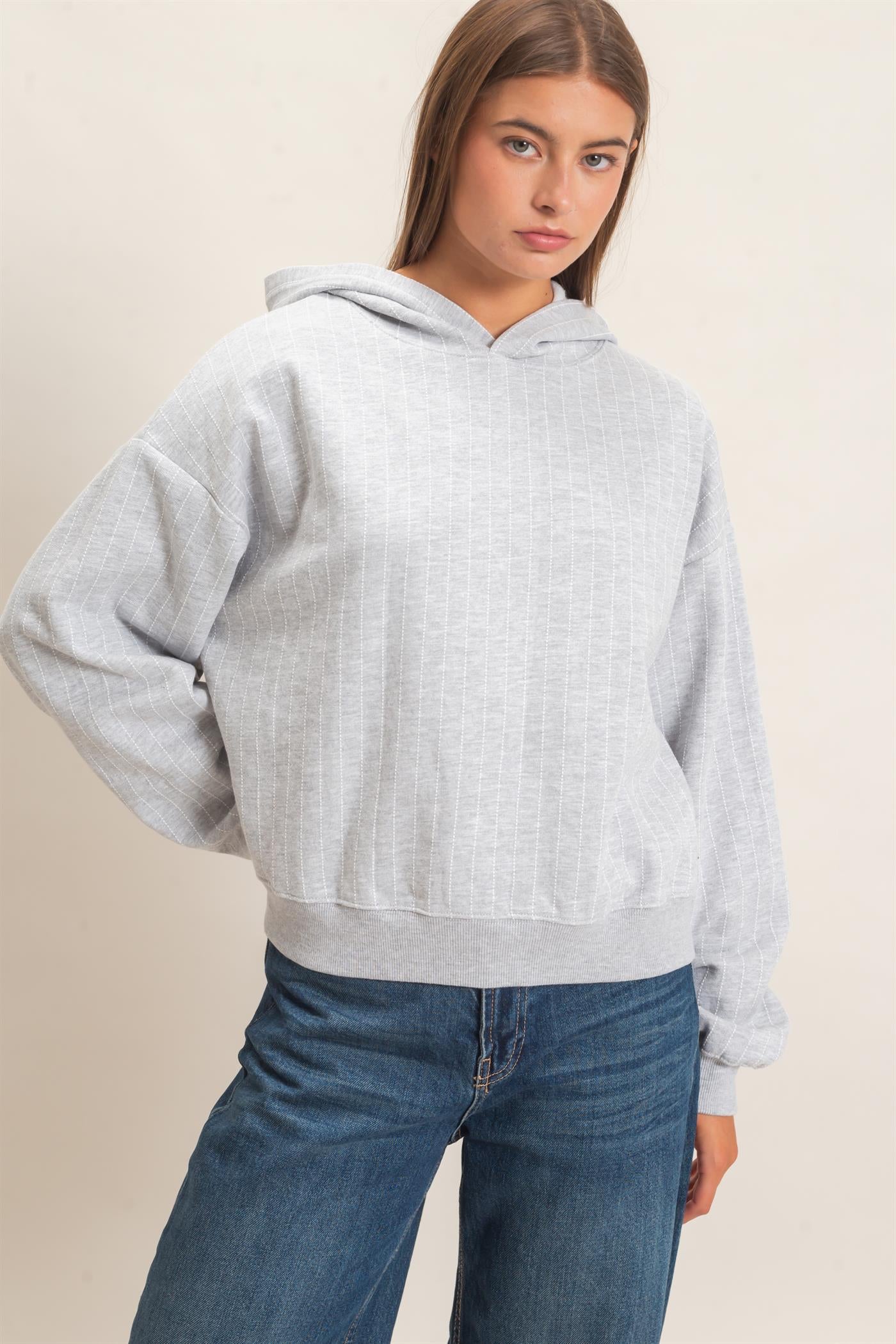 Wholesale Pinstripe French Terry Hoodie Hoodies DZ26E625 HEATHER GRAY DOUBLE ZERO