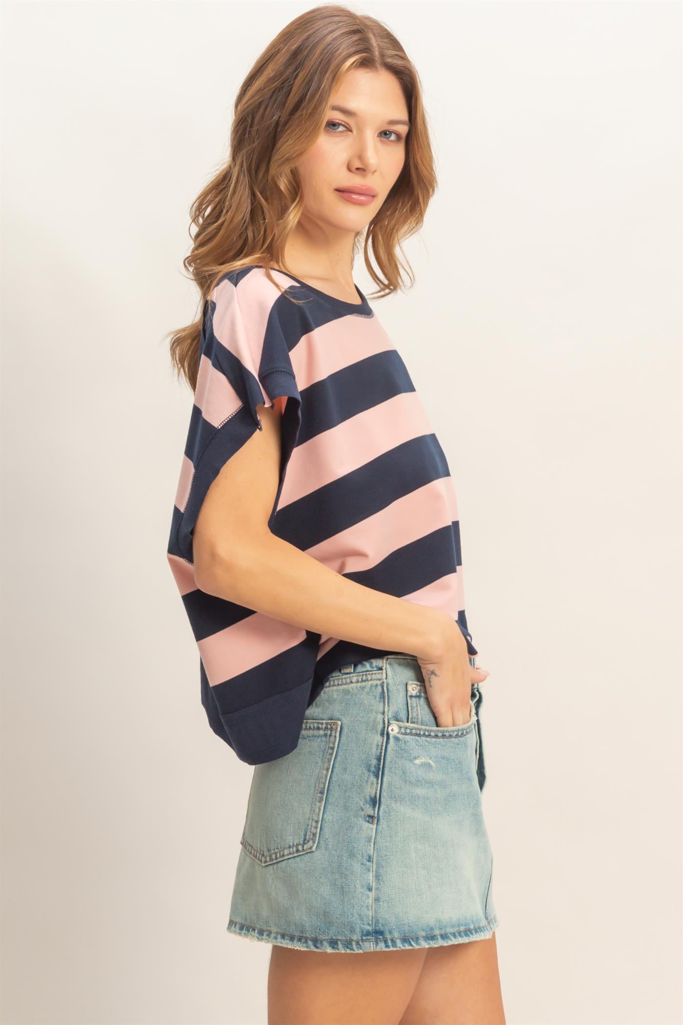 Wholesale Striped Boxy Crew Neck Top Clothing Tops HF26C391 BLUSH HYFVE