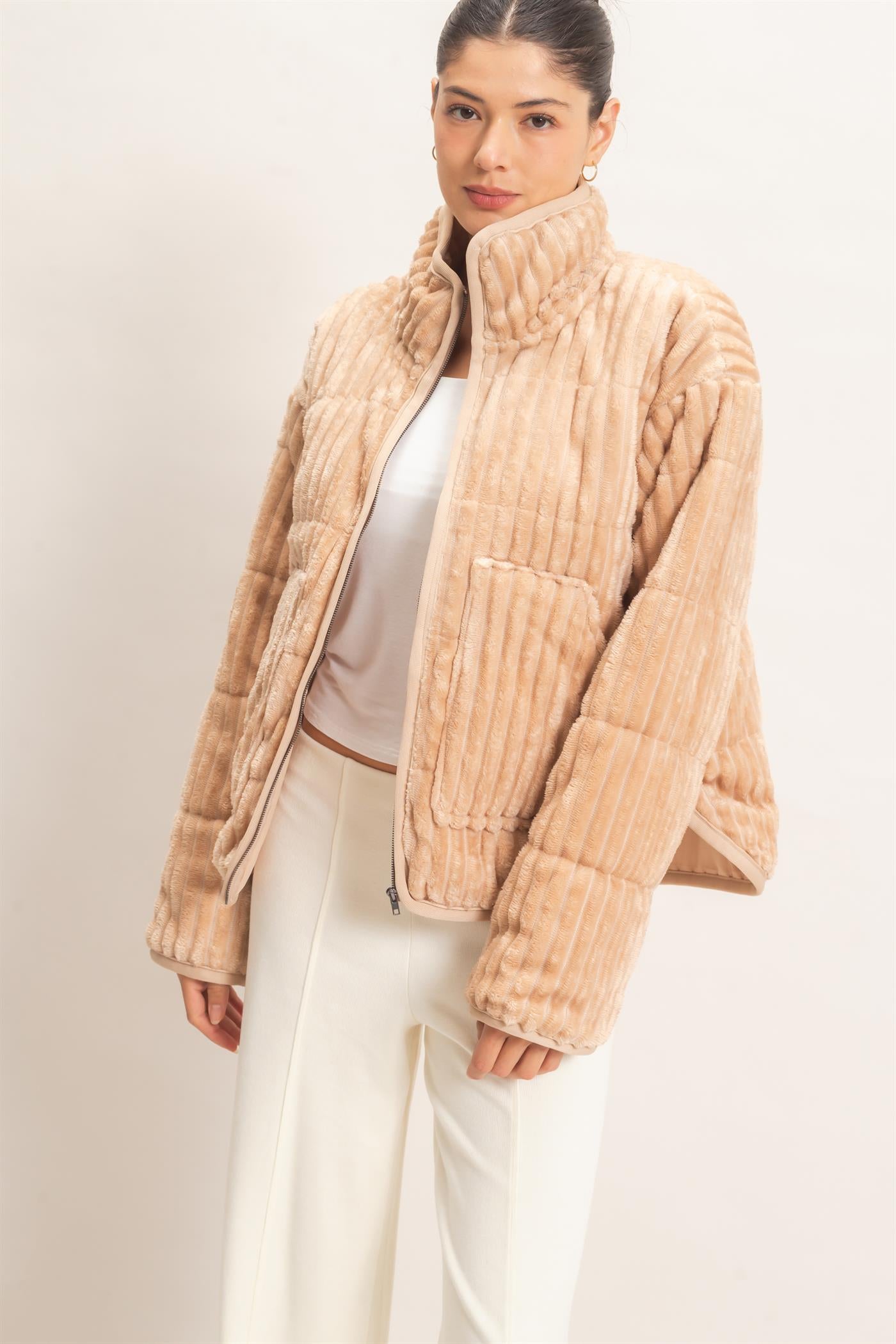 Wholesale Quilted Corduroy Zip-Up Jacket Coats & Jackets HF26E753 BEIGE HYFVE
