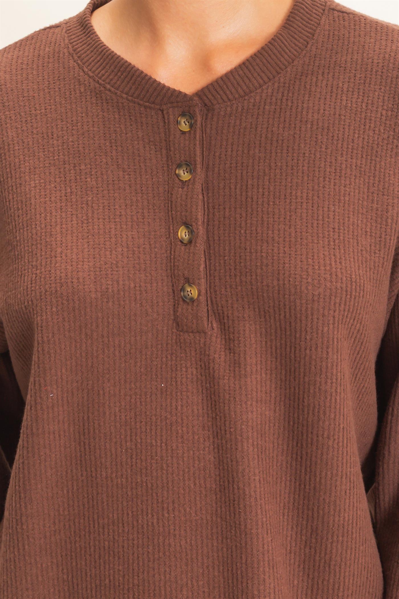 Wholesale Brushed Waffle Henley Top Clothing Tops DZ26F314 DARK BROWN DOUBLE ZERO