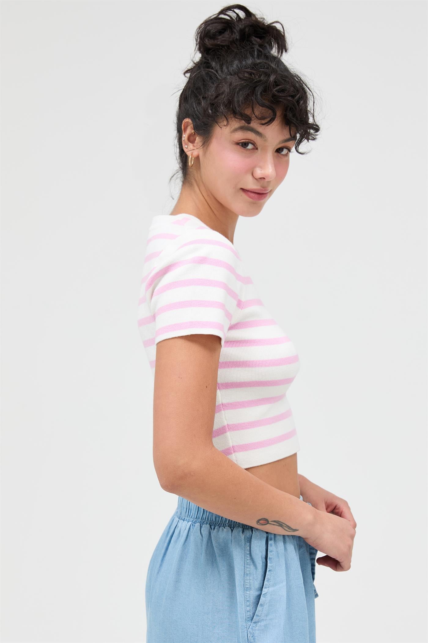 Wholesale Striped And Knit Crew Neck Crop Top Clothing Tops DZ26A139 PINK DOUBLE ZERO