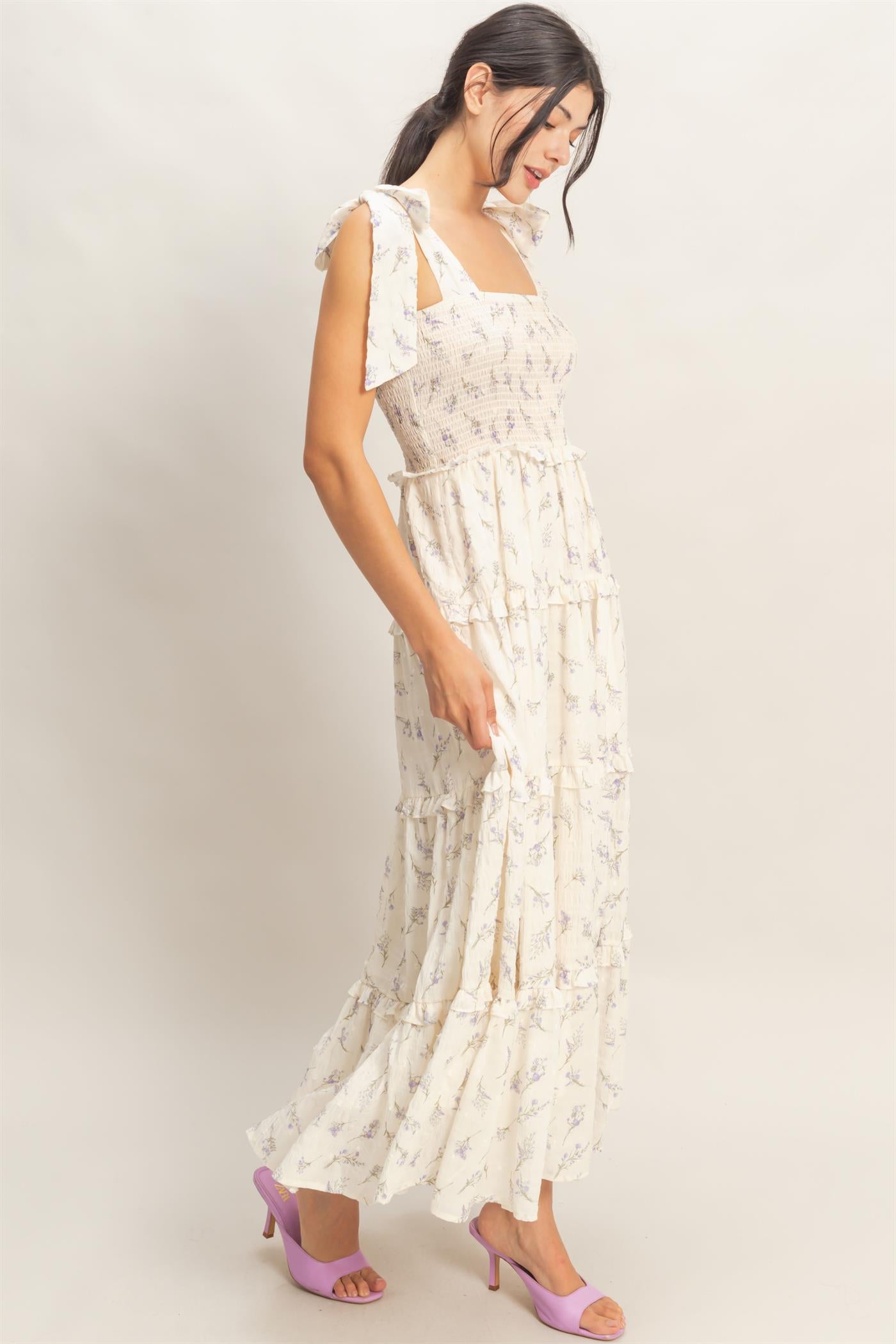 Wholesale Floral Tiered Maxi Dress Dresses HF26A156 PURPLE HYFVE