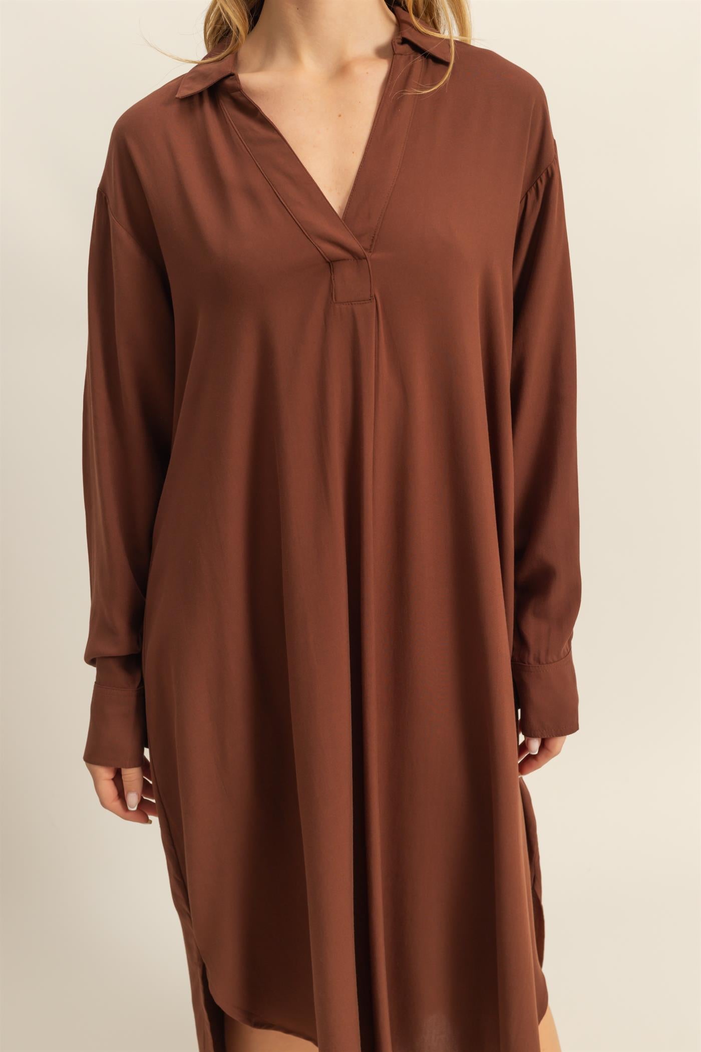 Wholesale V-Neck Long Sleeved Midi Shirts Dress Dresses DZ24E706 CHESTNUT DOUBLE ZERO