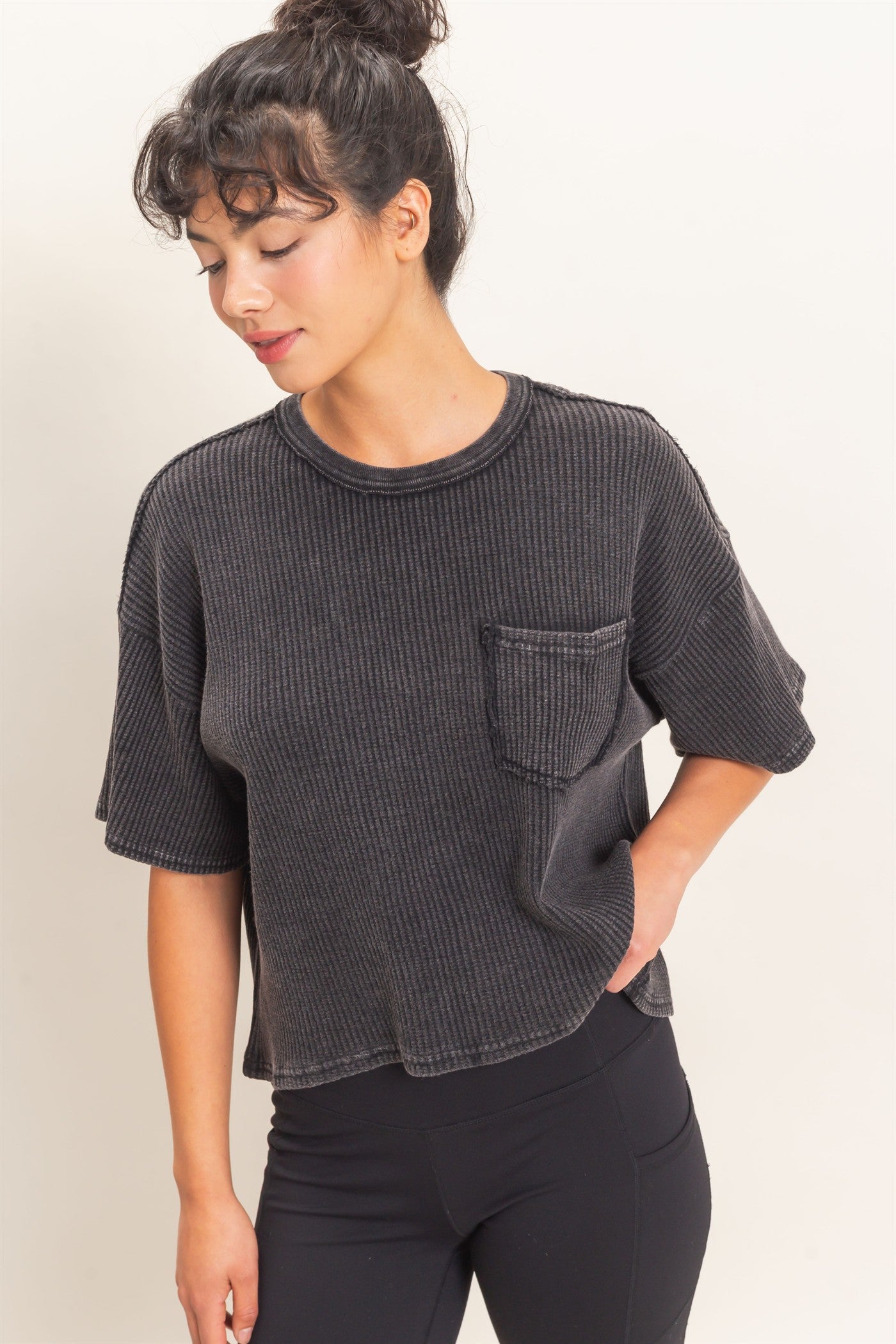 Wholesale Mineral Wash Waffle Knit Pocket Top Clothing Tops DZ26E222 BLACK DOUBLE ZERO