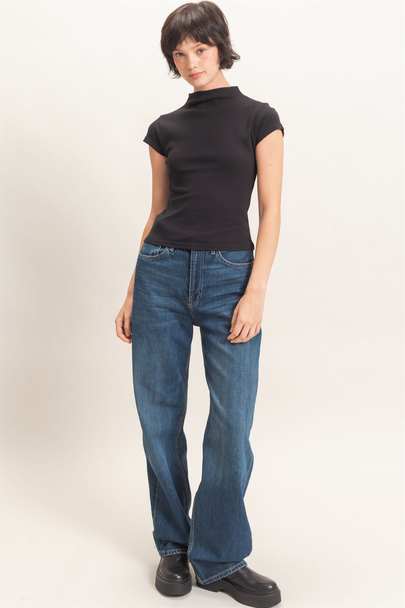 Wholesale Mock Neck Cap Sleeve Top Clothing Tops DZ26E323 BLACK DOUBLE ZERO