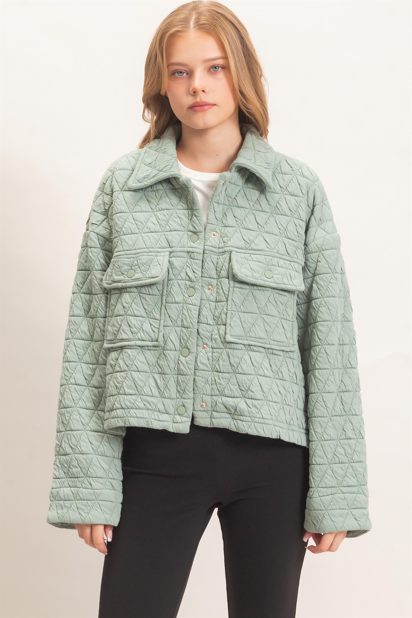 Wholesale Triangle Quilted Button-Up Jacket Coats & Jackets HF26F145 DUSTY SAGE DOUBLE ZERO