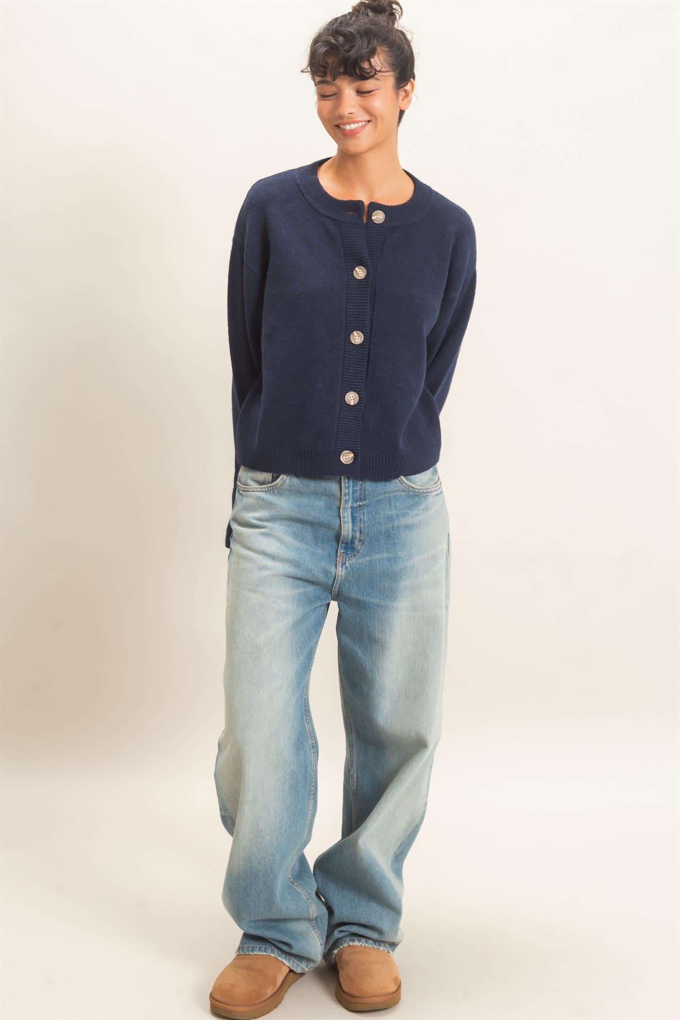 Wholesale Crew Neck Button Front Cardigan Cardigans DZ26E639 NAVY DOUBLE ZERO