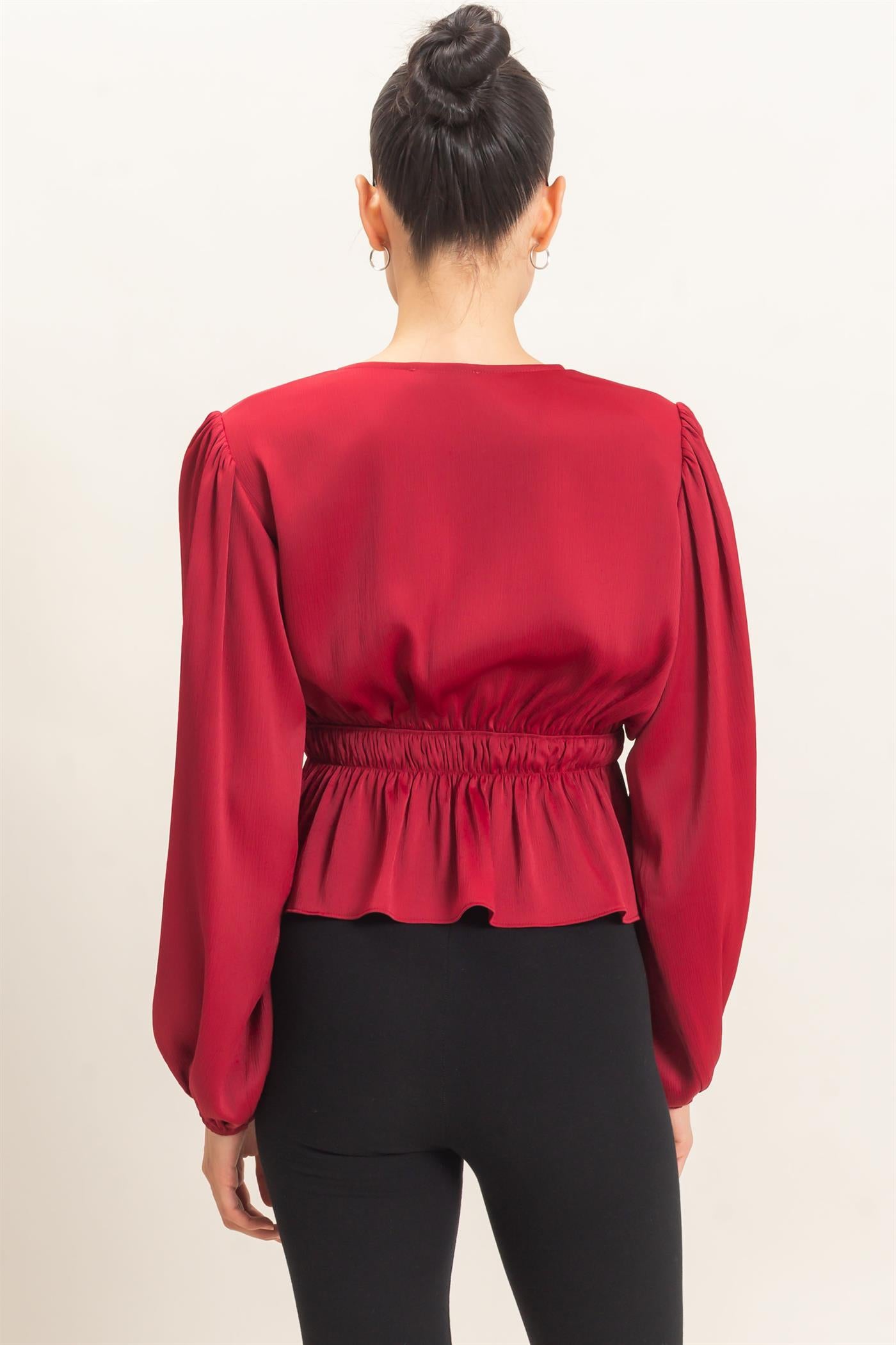 Wholesale Plunging Tie-Front Blouse Blouses HF26F082 BURGUNDY HYFVE