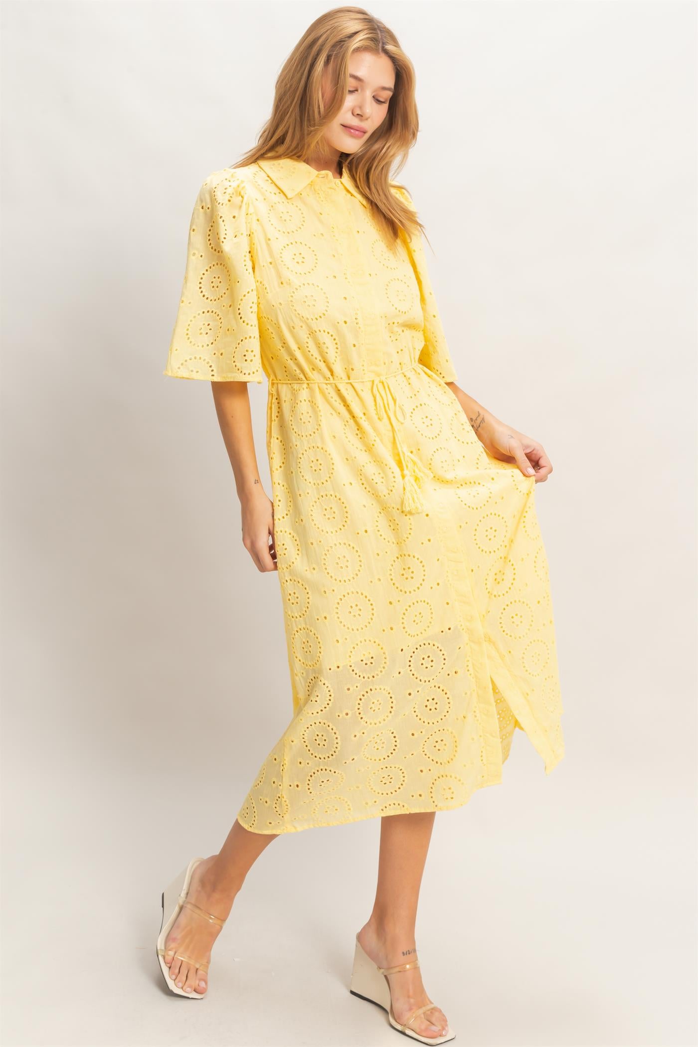Wholesale Eyelet Collared Midi Dress Dresses HF26A021 YELLOW HYFVE
