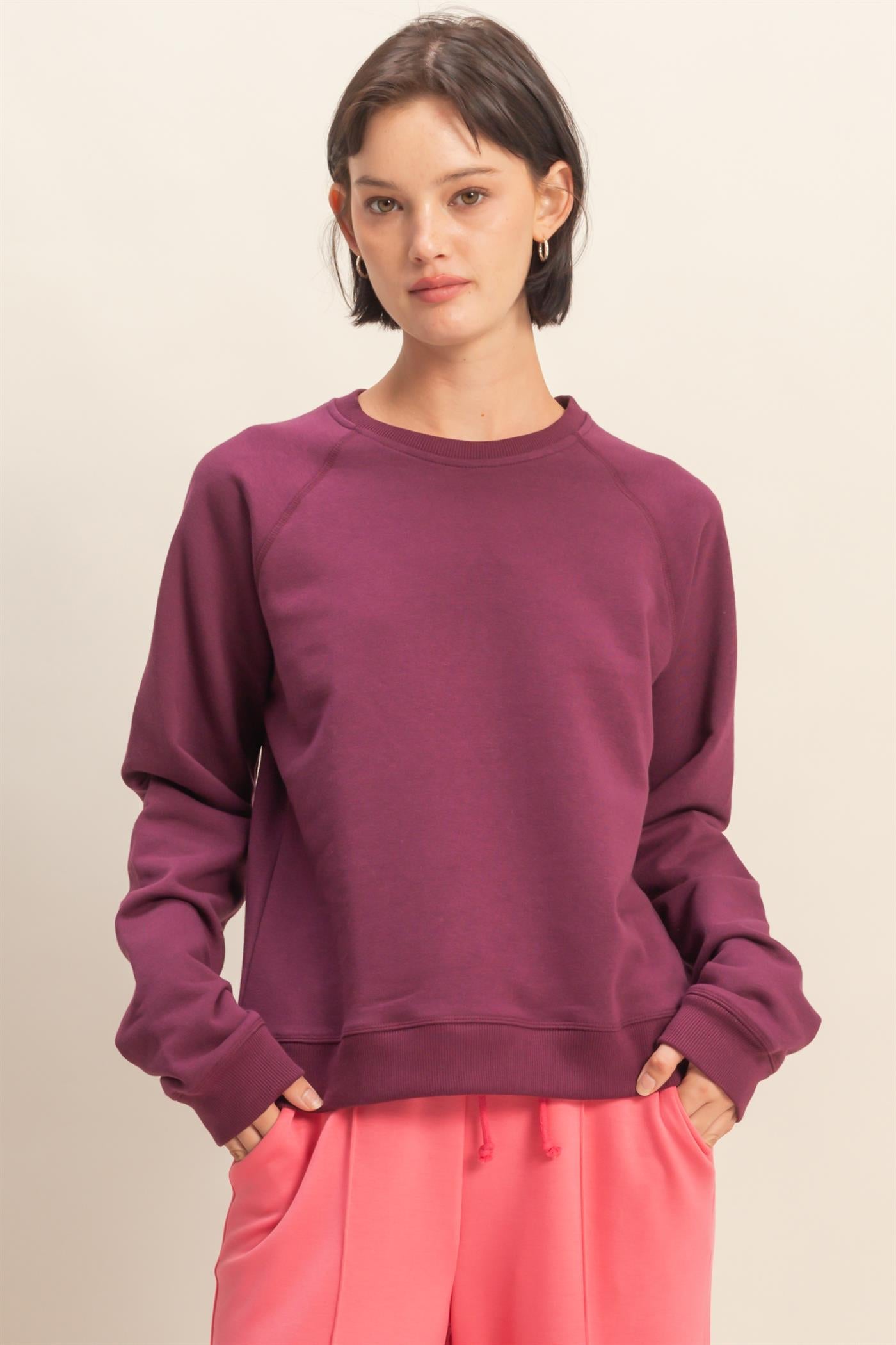 Wholesale Crew Neck Raglan Sleeve Comfy Pullover Sweatshirt Sweatshirts DZ25E237 DARK CHERRY DOUBLE ZERO