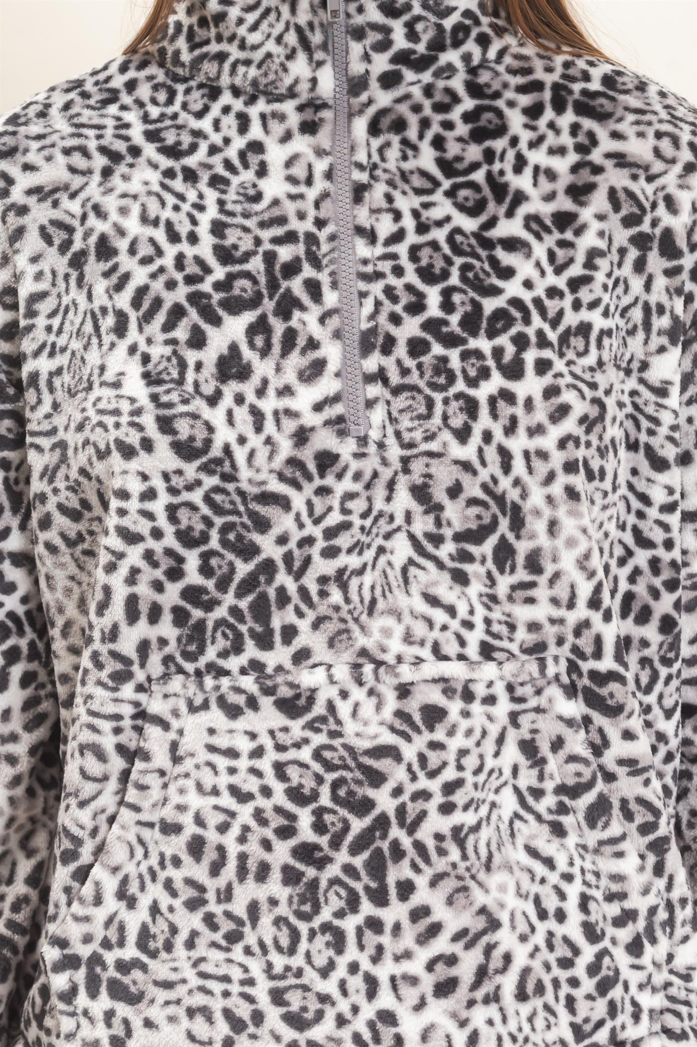 Wholesale Leopard Print Fleece Half Zip Pullover Sweaters DZ26E830 GRAY DOUBLE ZERO