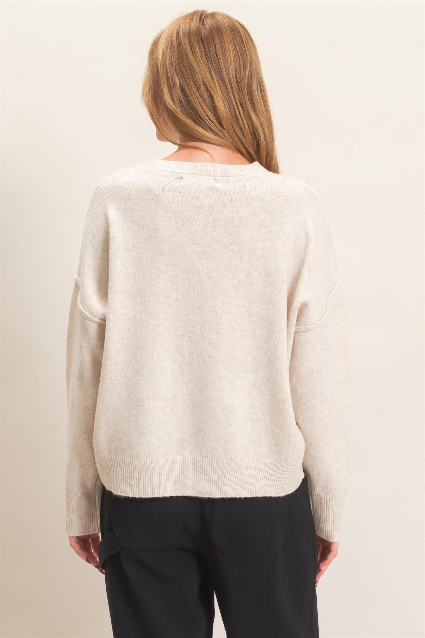 Wholesale Crew Neck Sweater With Ribbed Hem Sweaters HF26E203-D OATMEAL HYFVE