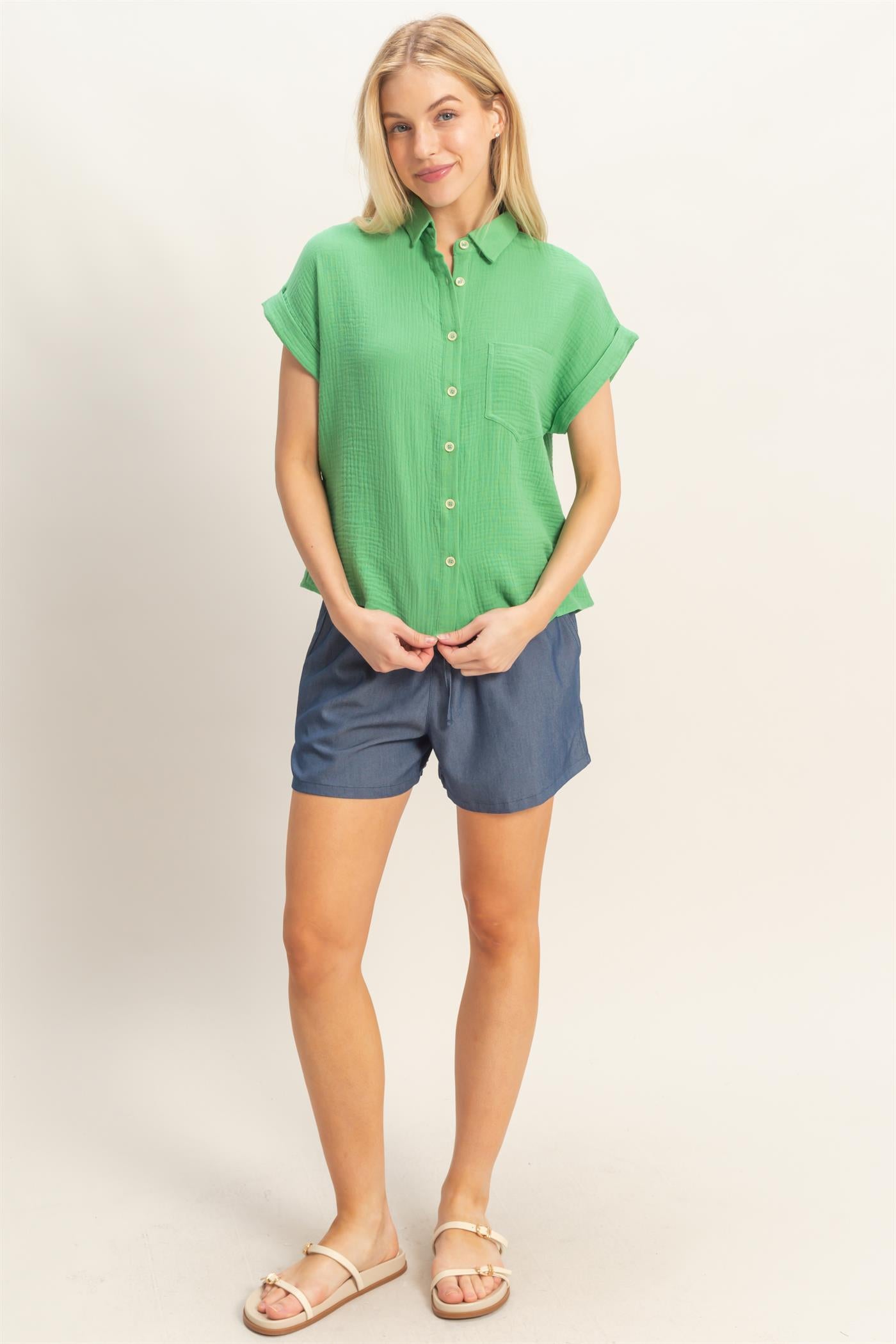 Wholesale Rolled Sleeve Button-Up Top Clothing Tops HF26E526 GREEN HYFVE